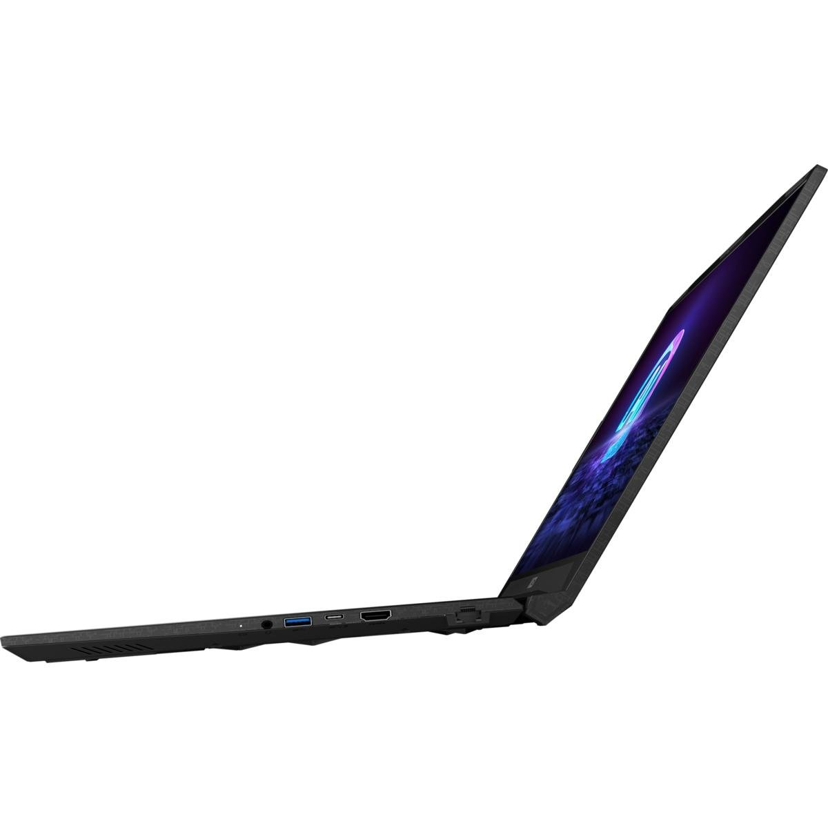Schwarzer Laptop, geöffnet, Bildschirm mit blauem und lila abstraktem Design, Seitenansicht.