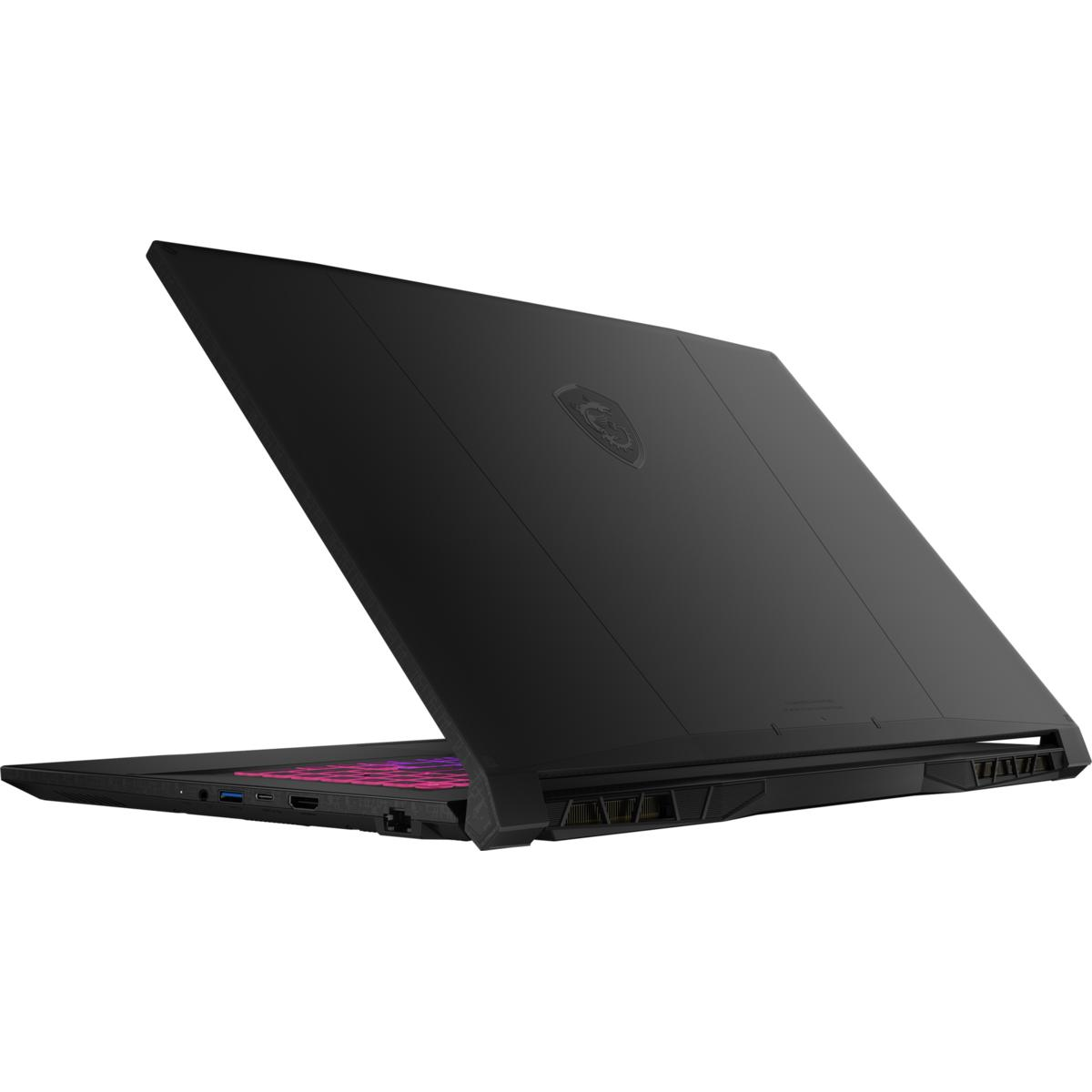 Schwarzer Laptop, geöffnet, Tastatur und Lüfter sichtbar. Rückansicht, gegen weißen Hintergrund.