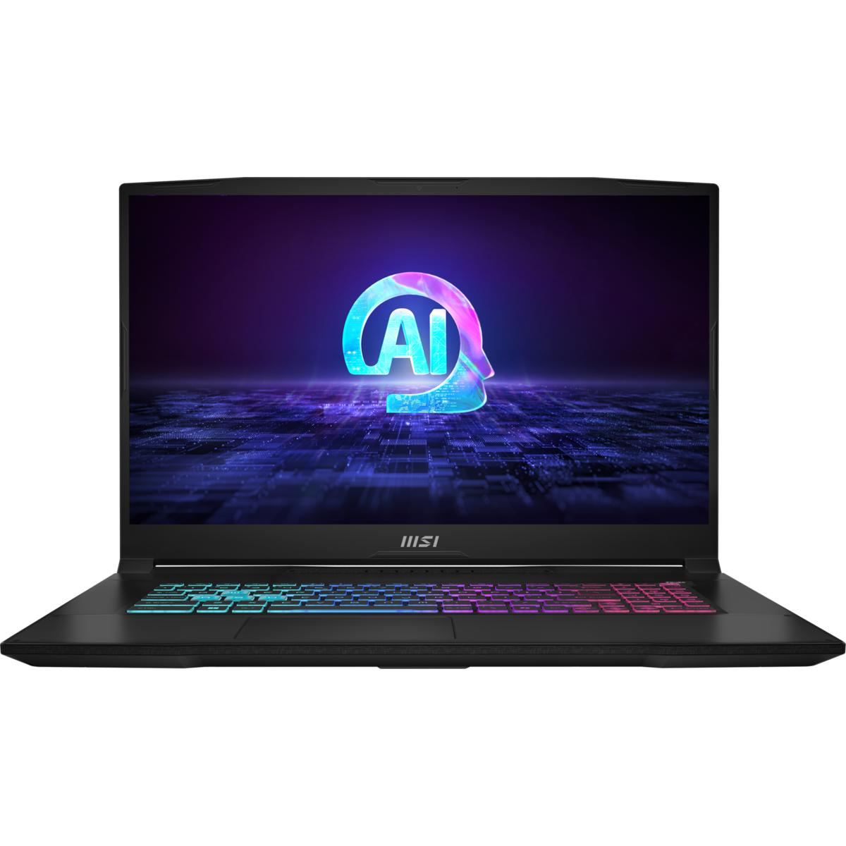 Schwarzer Laptop offen, Bildschirm zeigt ein KI-Logo in einem lila und blauen Farbverlauf. Tastatur hat Regenbogen-Hintergrundbeleuchtung.