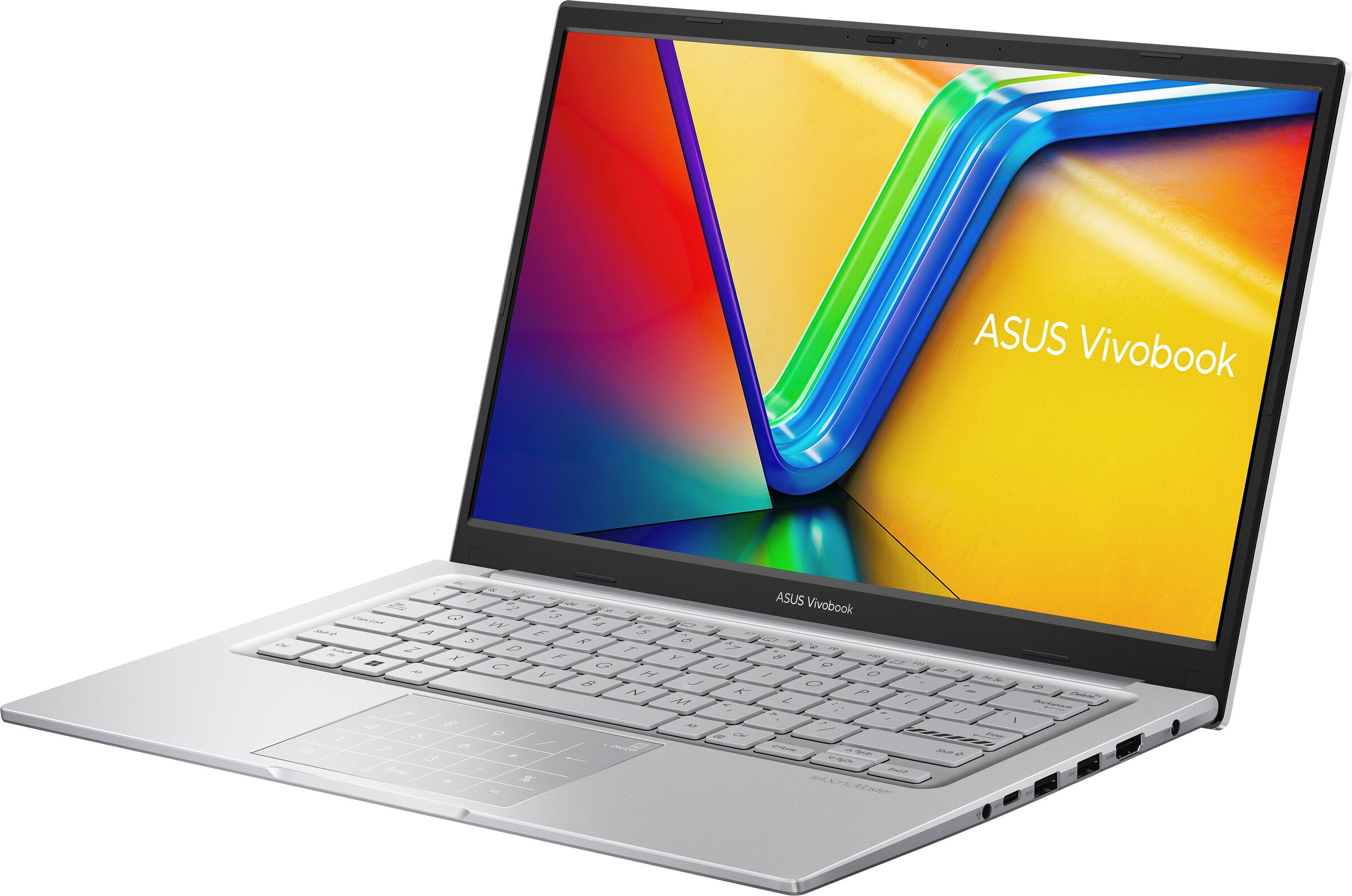Portátil plateado con pantalla colorida, teclado y panel táctil. Se ve la marca 'ASUS Vivobook'.