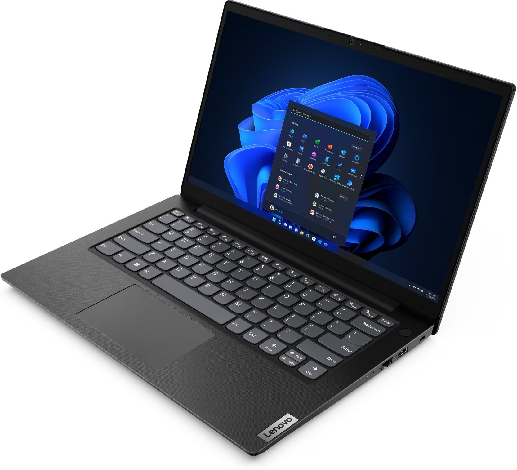 Laptop negro en superficie blanca, abierto con escritorio Windows. Logotipo de Lenovo visible.