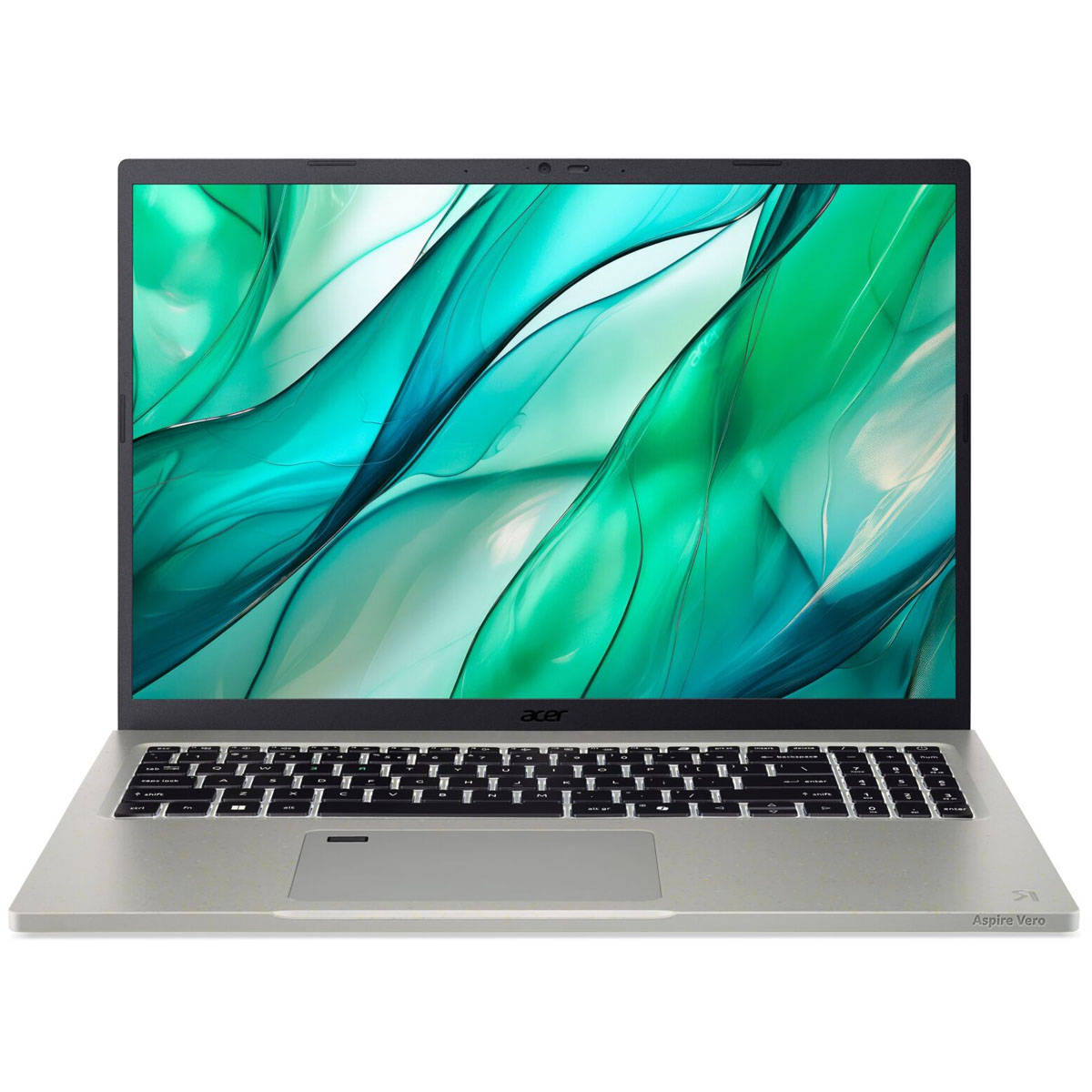 Un laptop argentato con tastiera nera, su sfondo bianco.