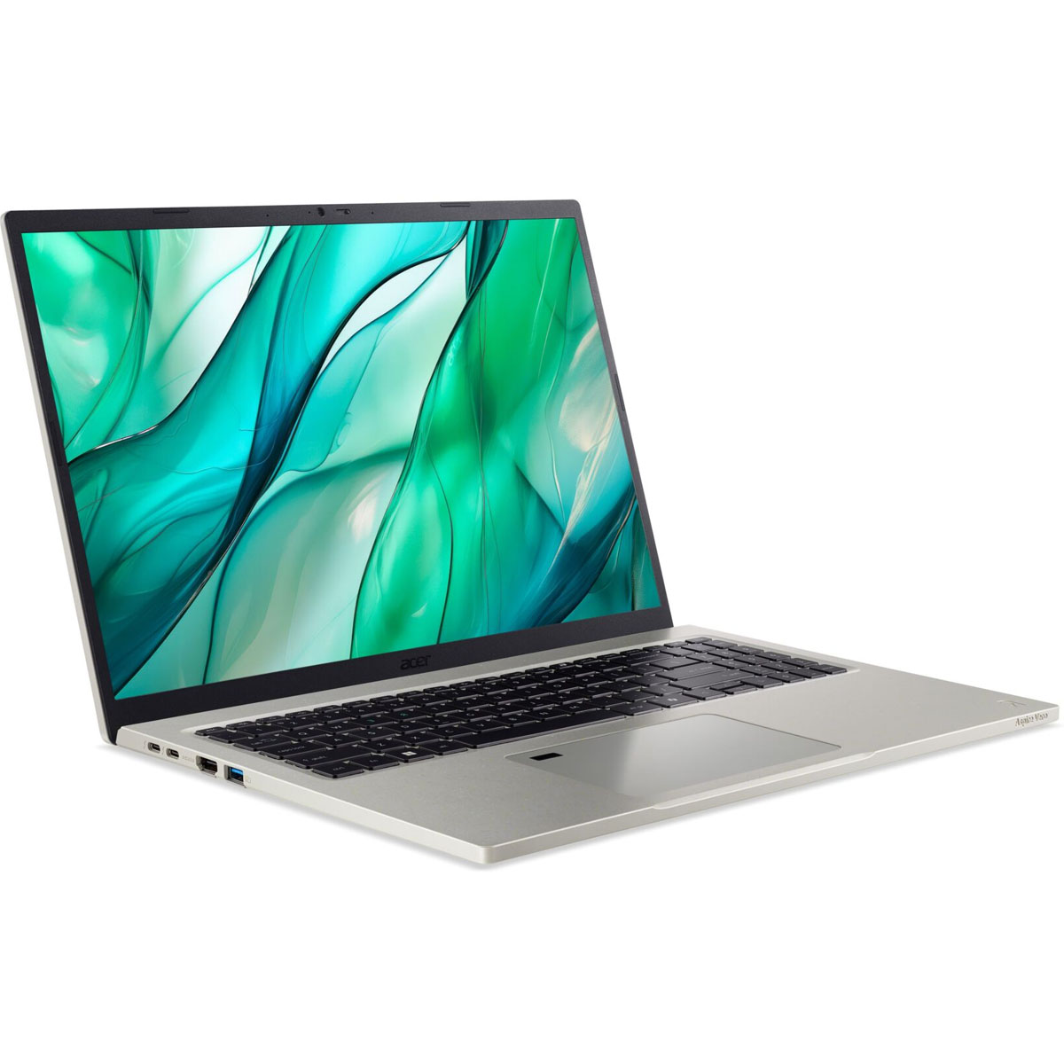 Un laptop argentato con lo schermo aperto, che mostra uno sfondo verde.