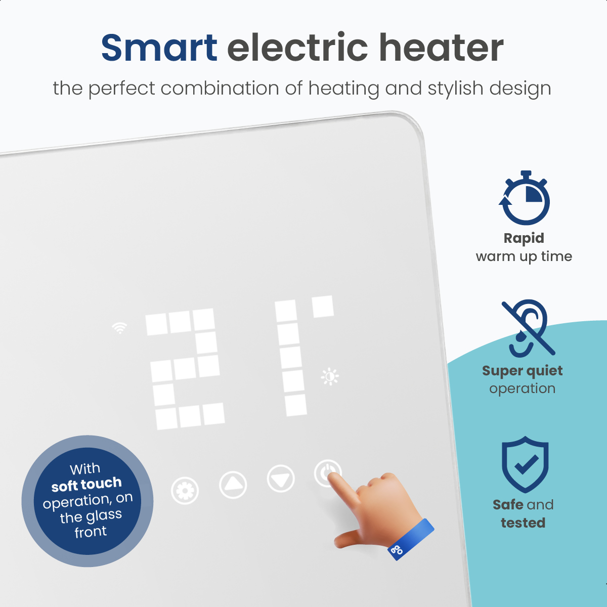 Eine weiße, intelligente elektrische Heizung mit digitaler Anzeige. Eine Hand berührt einen Knopf. Symbole.