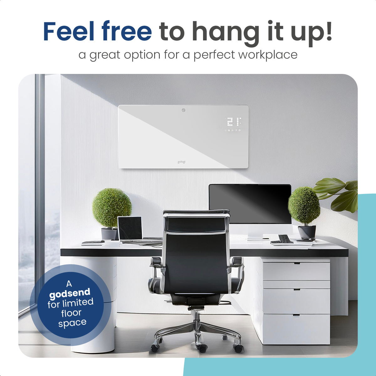 Büro mit weißem, an der Wand montiertem Heizgerät. Schreibtisch mit Laptop, Topfpflanzen und Stuhl.