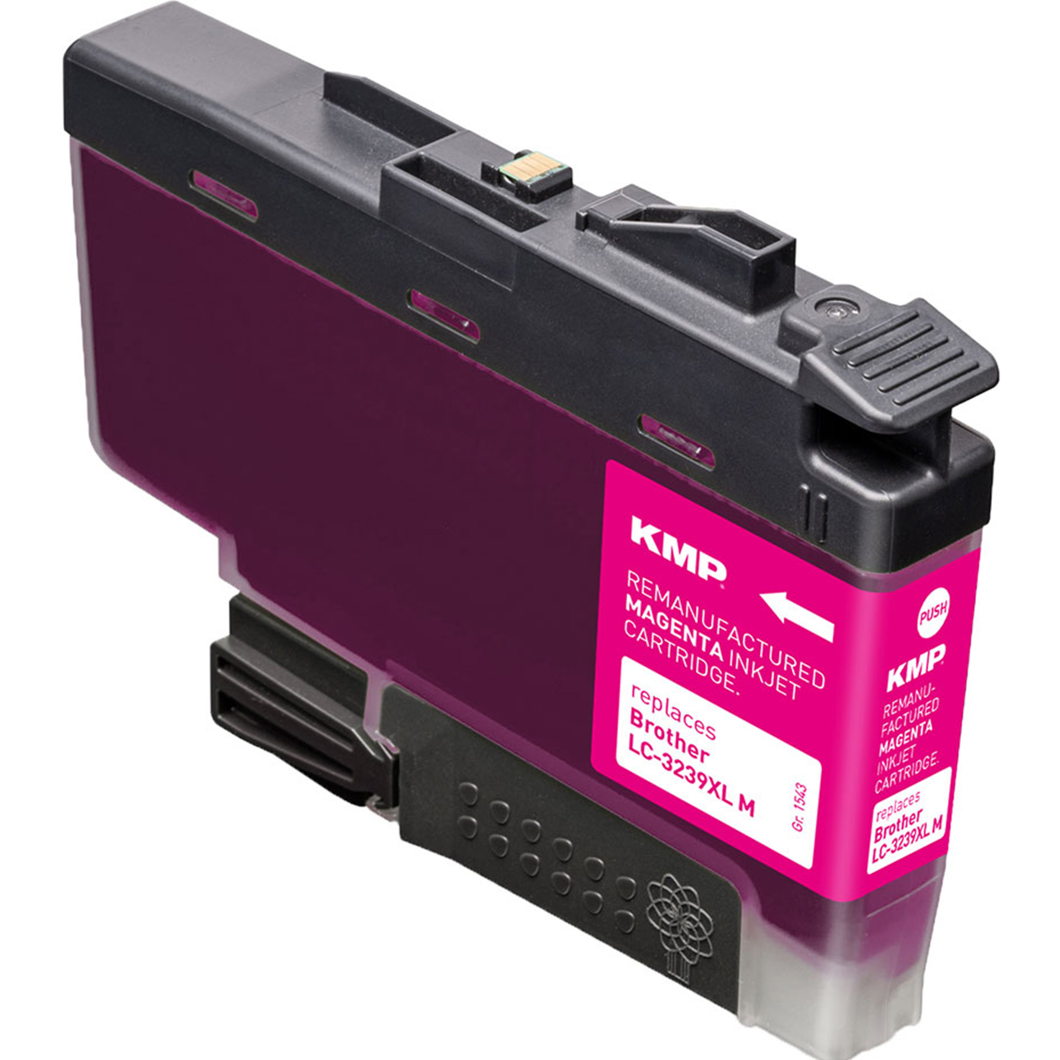 Cartuccia inchiostro magenta. Marchio KMP. Sostituisce la cartuccia Brother LC-3239XL M. Sfondo bianco.