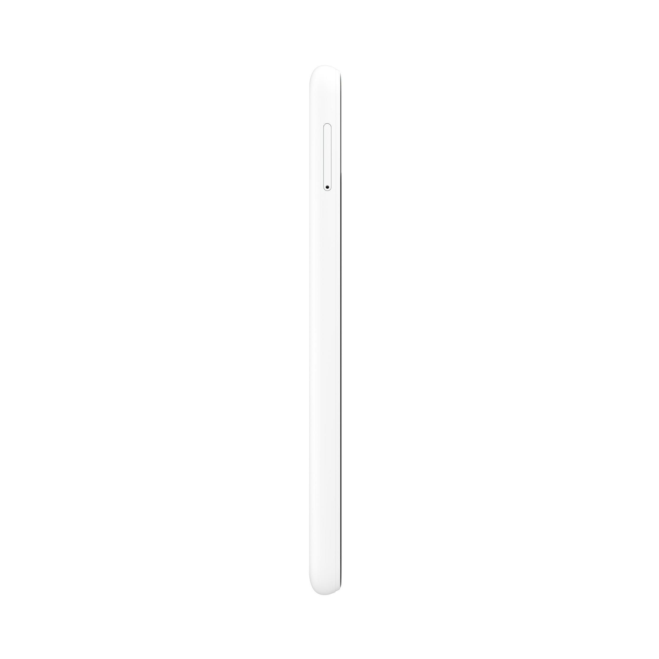Ein weißes Smartphone von der Seite gesehen, das ein schlankes, minimalistisches Design zeigt. Weißer Hintergrund.