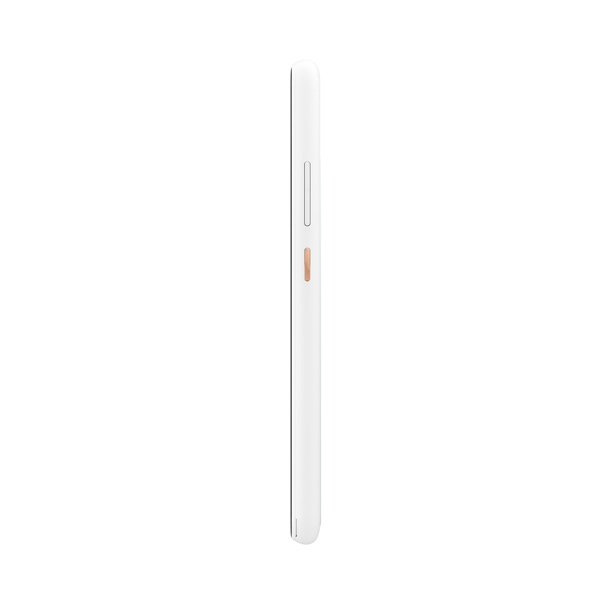 Seitenansicht eines weißen Smartphones. Power-Taste sichtbar. Sauberes, minimalistisches Umfeld.
