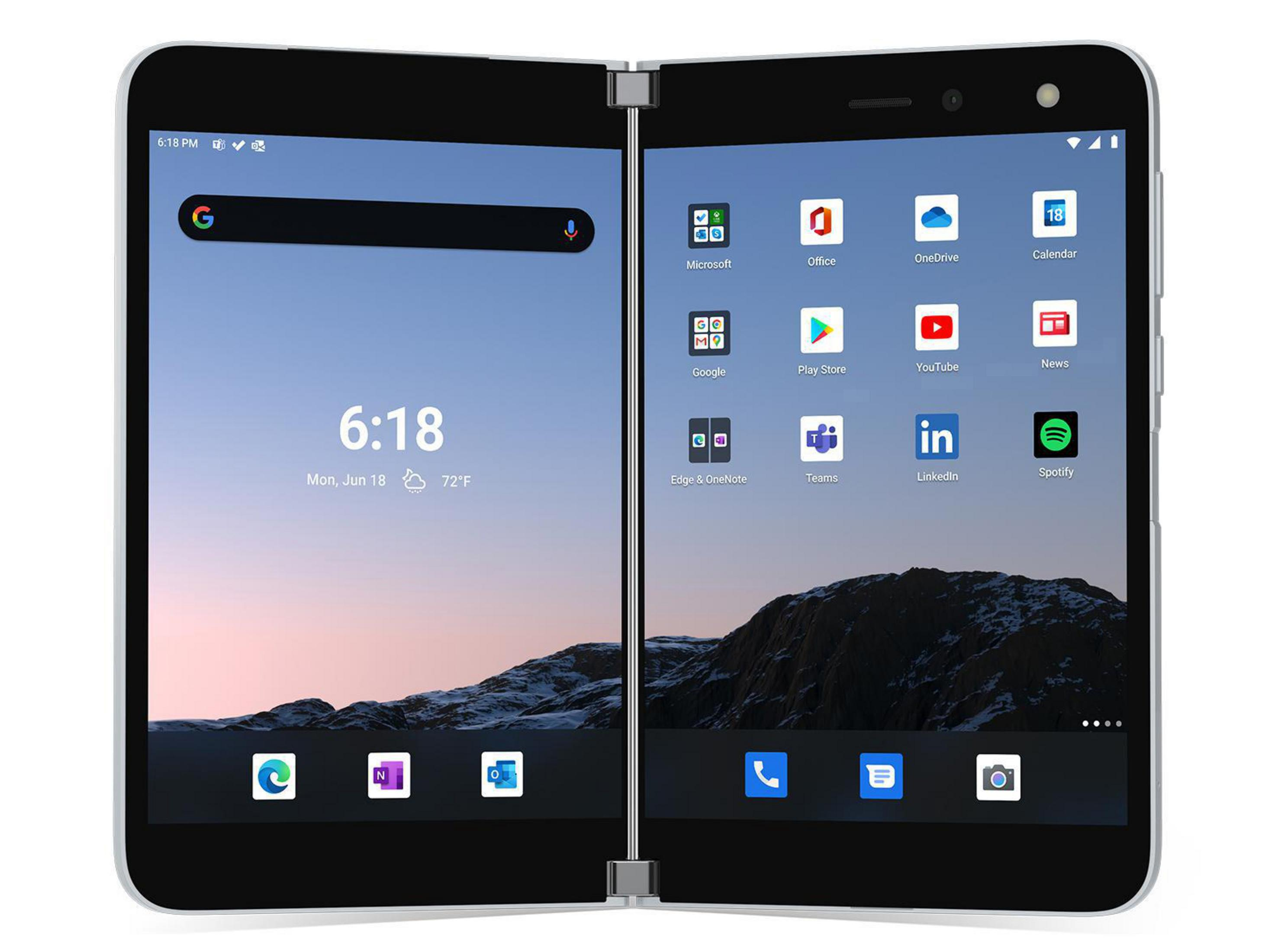 Ein zusammengeklapptes Dual-Screen-Telefon, das App-Symbole auf beiden Bildschirmen anzeigt.