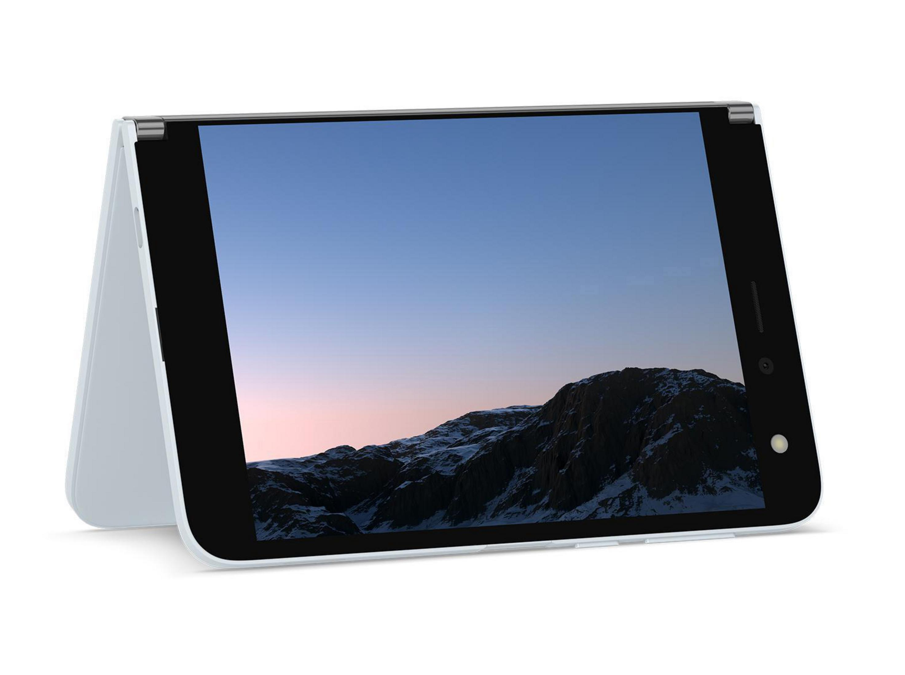 Faltbares Tablet mit einem Bildschirm, der eine Bergkette mit blauem Himmel zeigt.