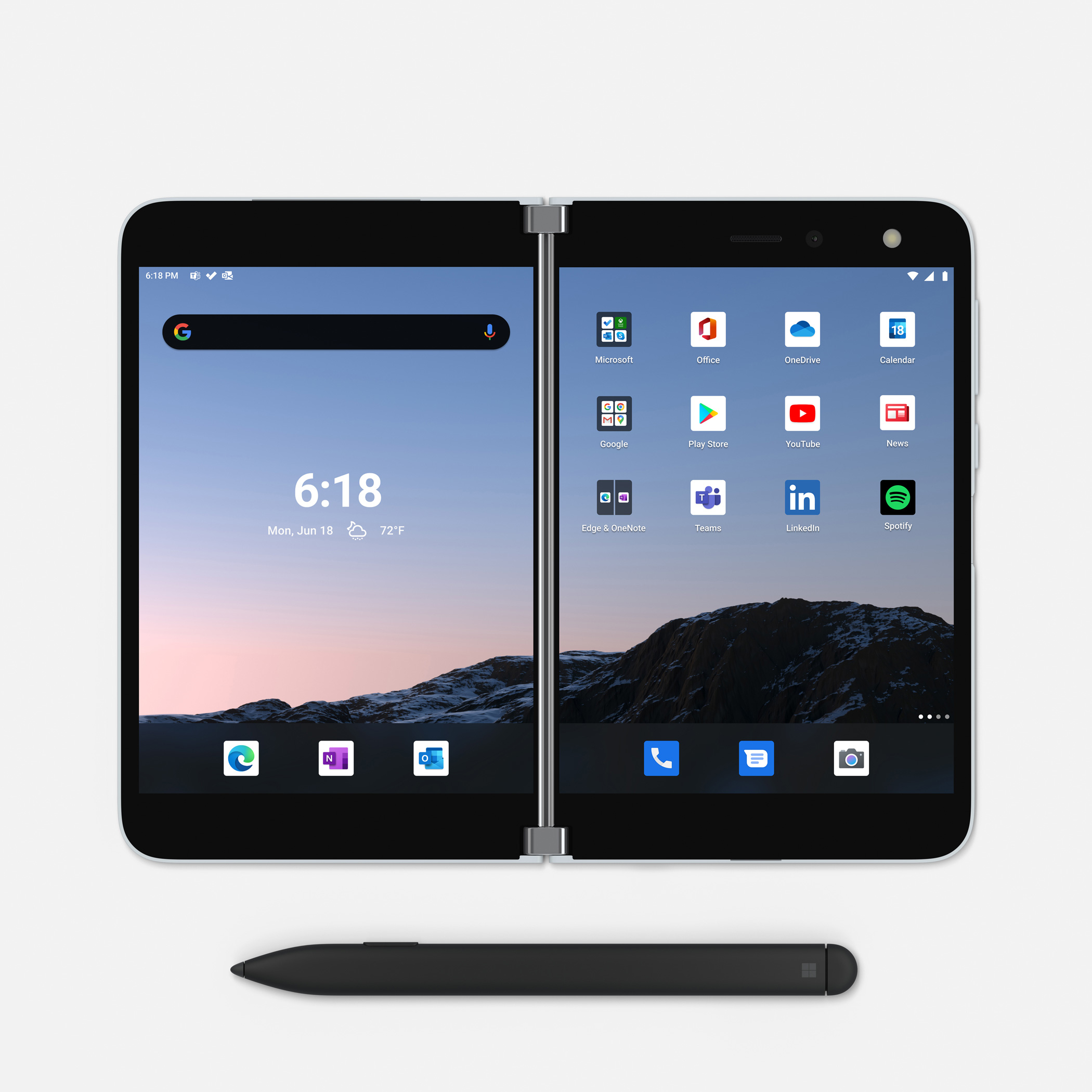 Faltbares Tablet mit zwei Bildschirmen. Zeigt Apps und einen Stift darunter. Heller Hintergrund.