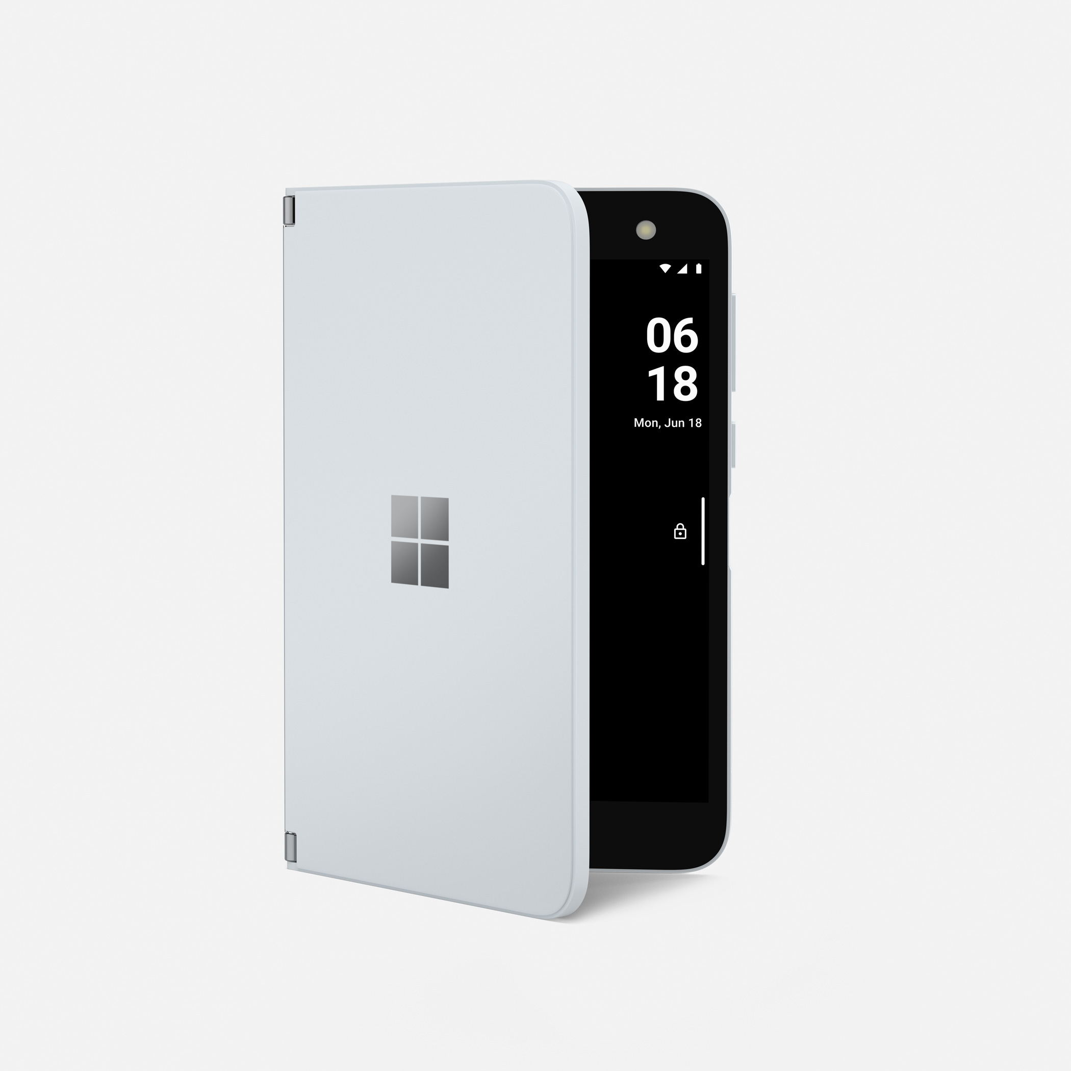 Ein weißes, faltbares Smartphone, das im geöffneten Zustand einen schwarzen Bildschirm mit Uhrzeit und Schloss zeigt.