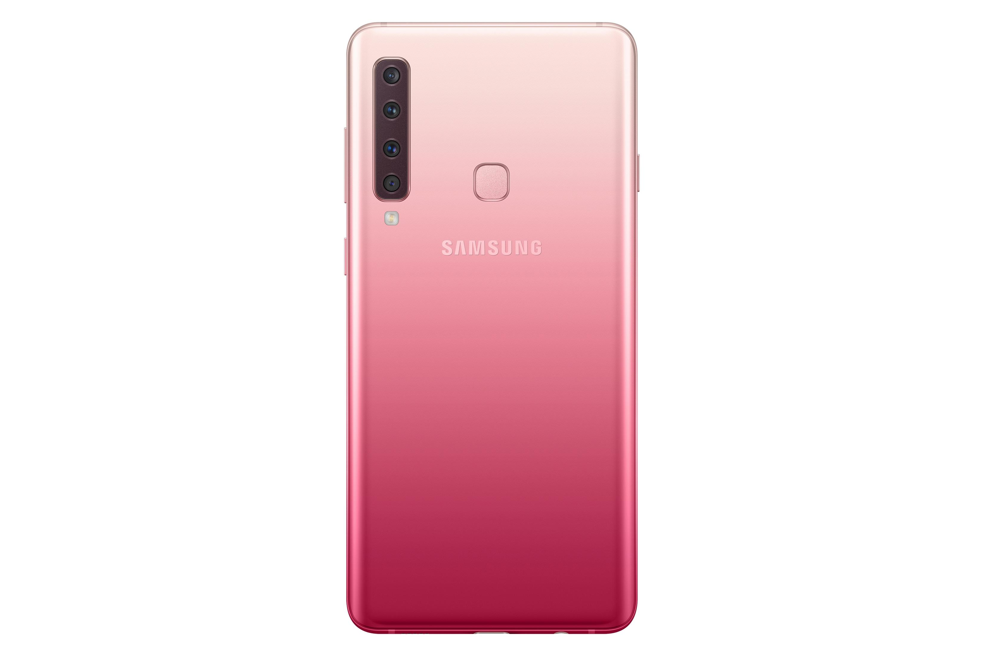 Pinkfarbenes Smartphone mit Farbverlauf, Rückansicht, mit mehreren Kameralinsen.