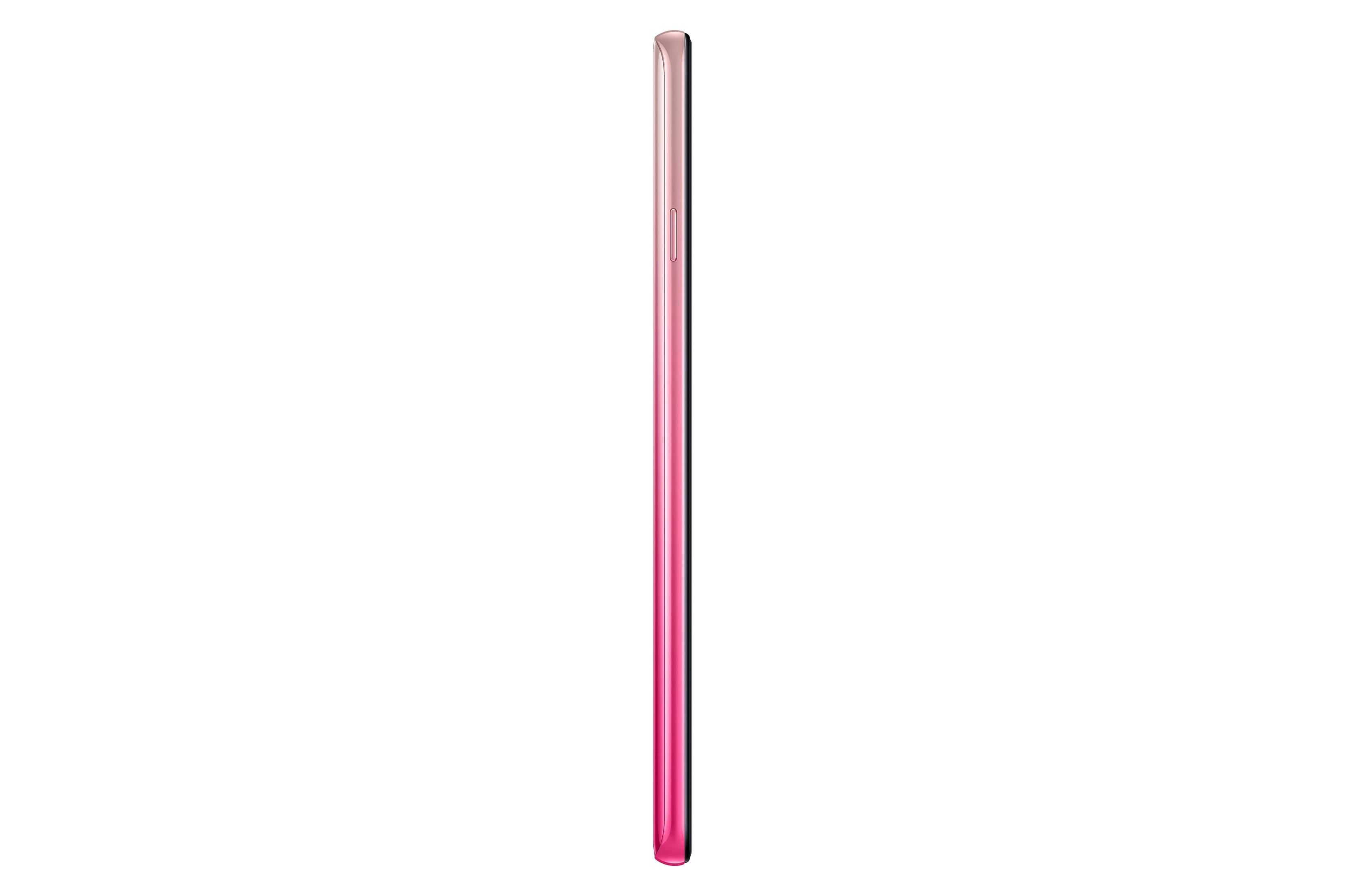 Seitenansicht eines rosa Telefons. Die Kanten sind rosa, und das Telefon ist vor weißem Hintergrund.
