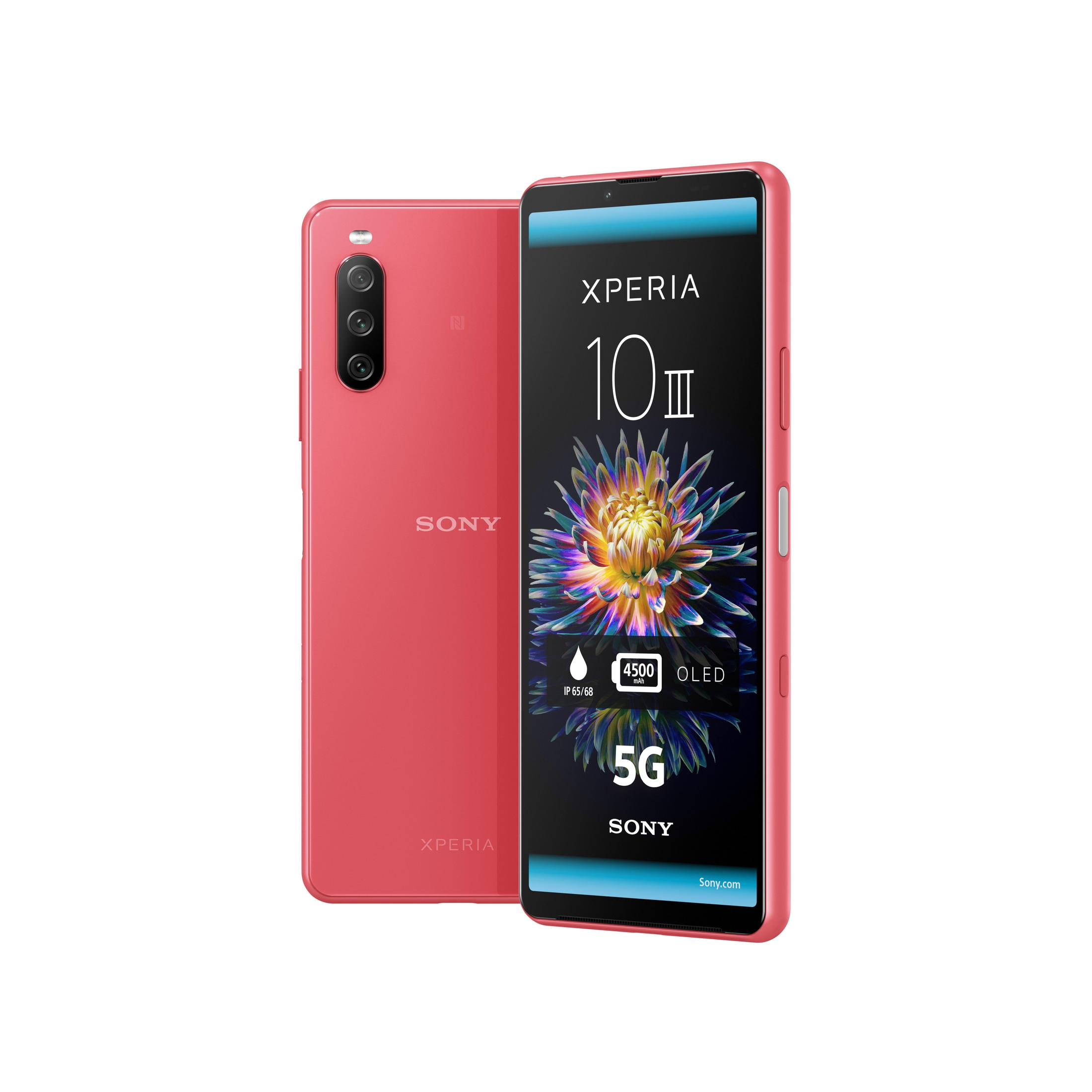 Czerwony telefon Sony Xperia z tyłem innego telefonu w tle, na białej powierzchni.