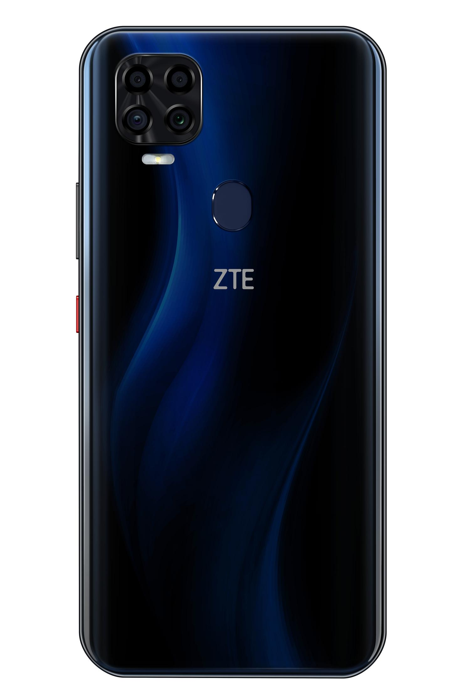 Rückseite eines schwarzen Telefons mit blauem Farbverlauf und vier Rückkameras. Der Markenname 'ZTE' ist sichtbar.