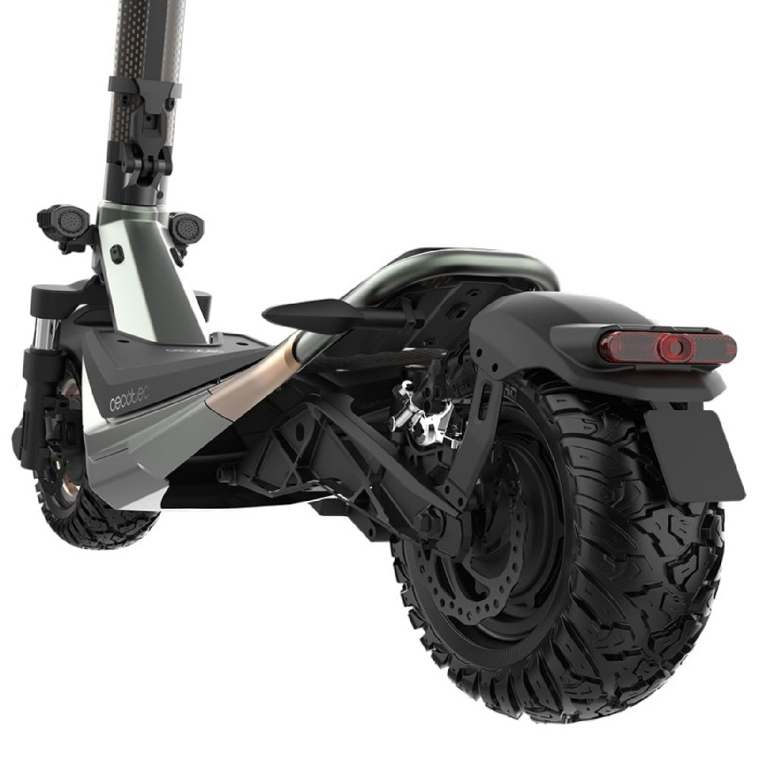 Scooter eléctrico negro y gris con ruedas grandes, vista inferior.