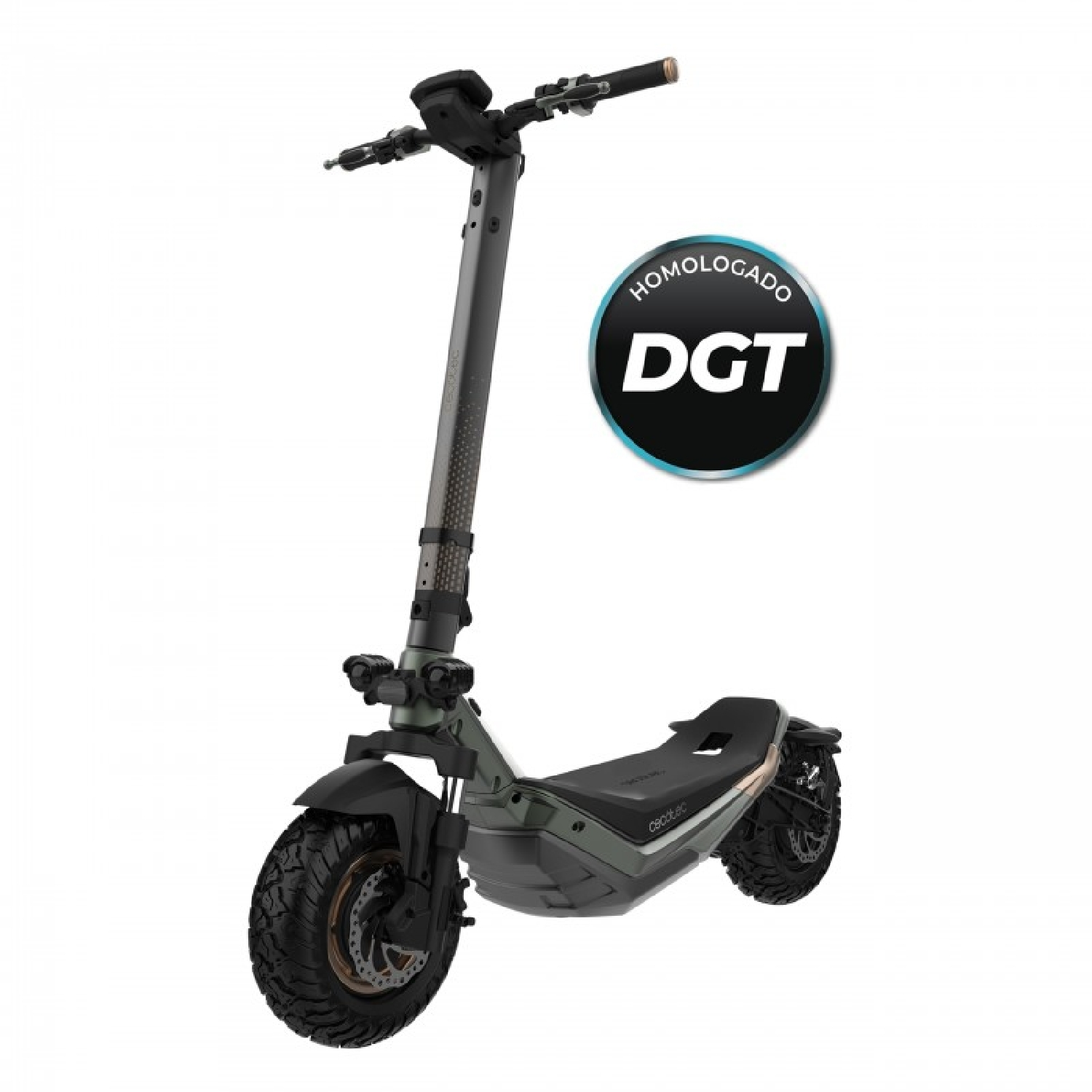 Un patinete eléctrico, negro y verde, con certificación DGT. El patinete está sobre fondo blanco.