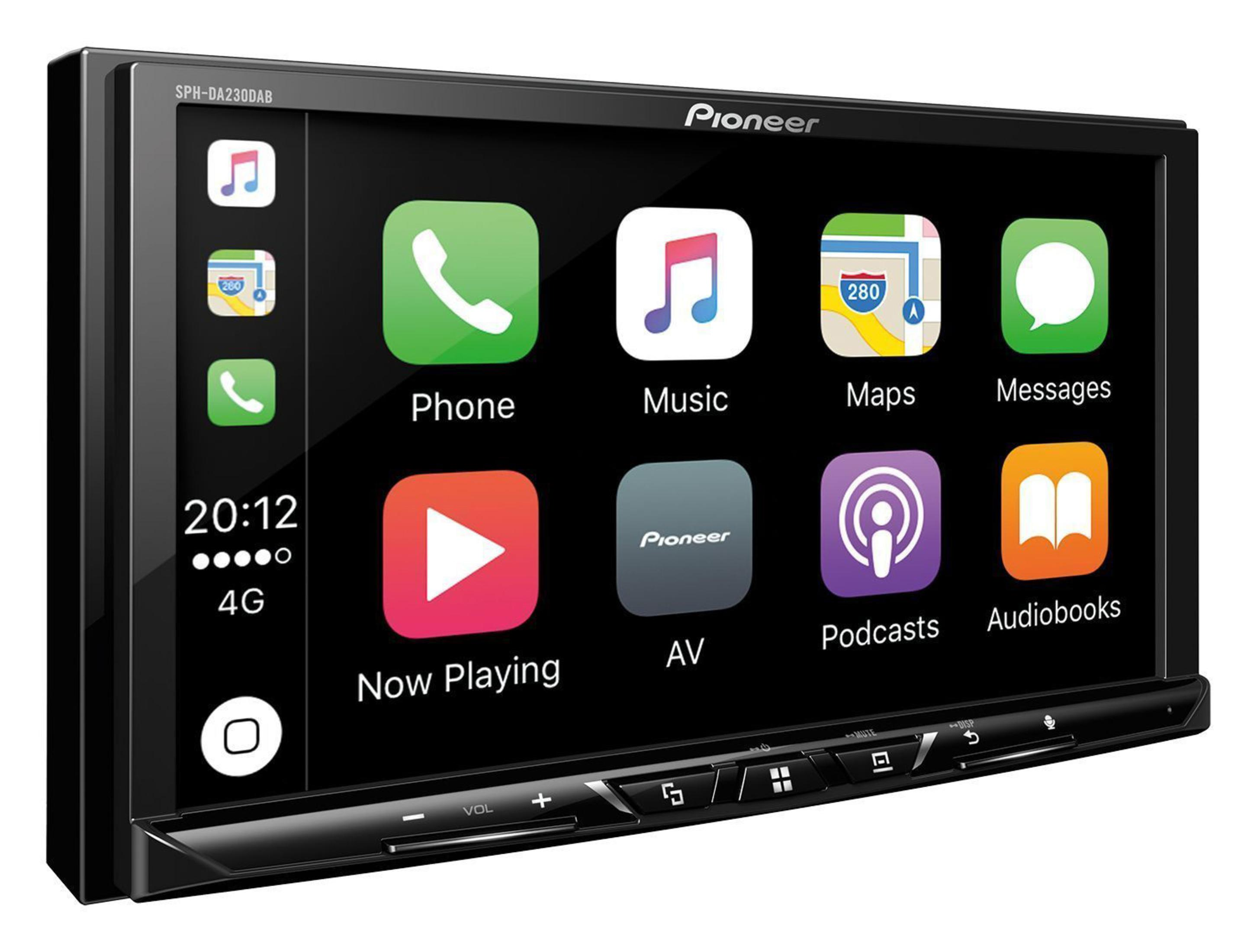 Pioneer-Autoradio-Display mit App-Symbolen auf schwarzem Hintergrund. Apps: Telefon, Musik, Karten, Nachrichten.