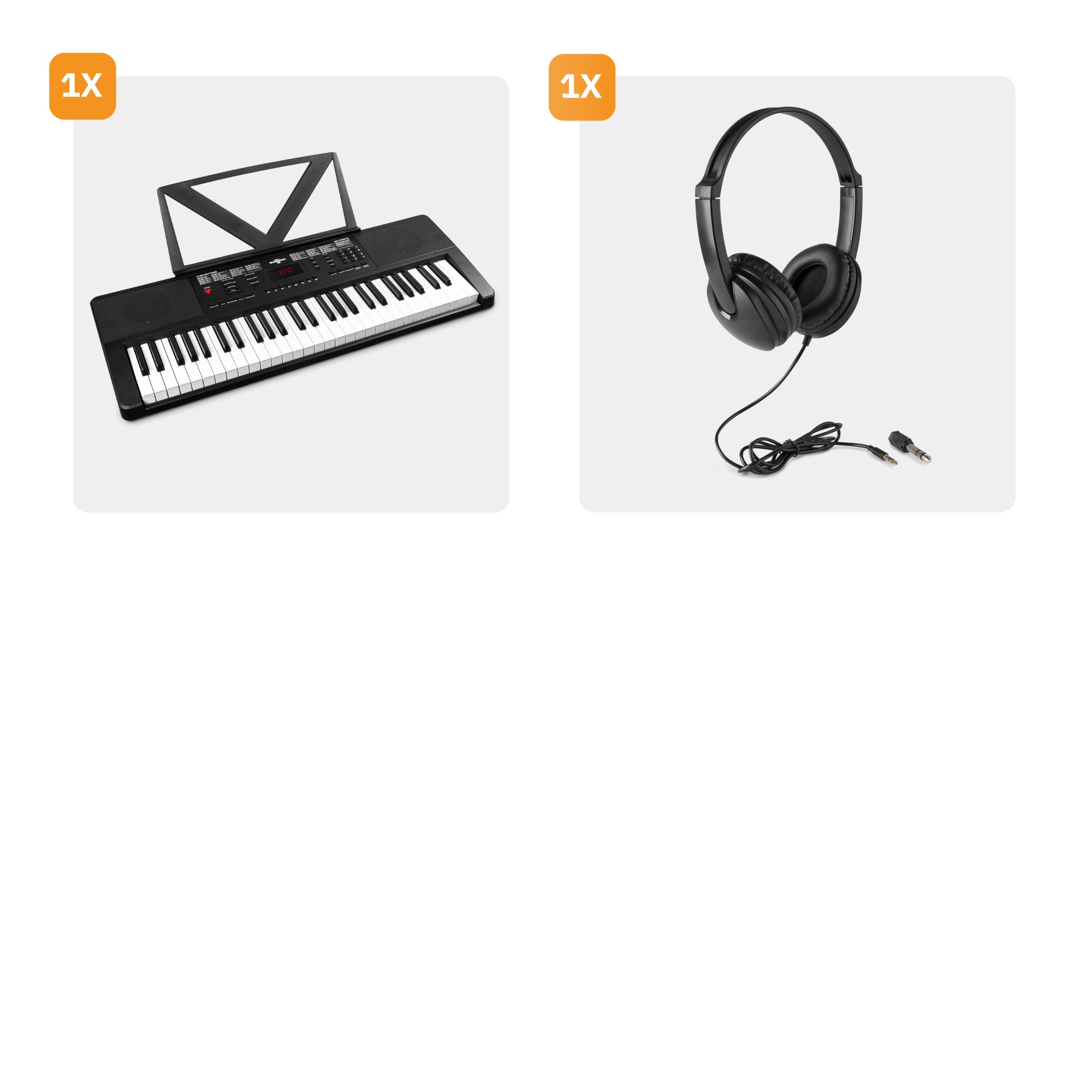 Een keyboard en een koptelefoon worden weergegeven op een wit oppervlak.