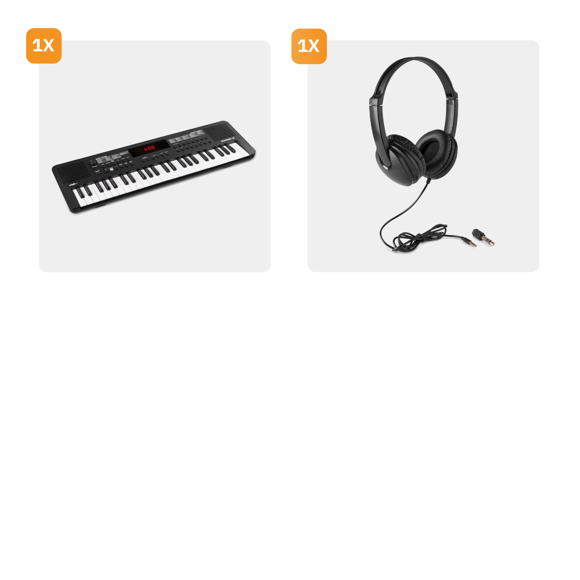 Ein kleines elektronisches Keyboard mit Display und ein Paar schwarze Kopfhörer.