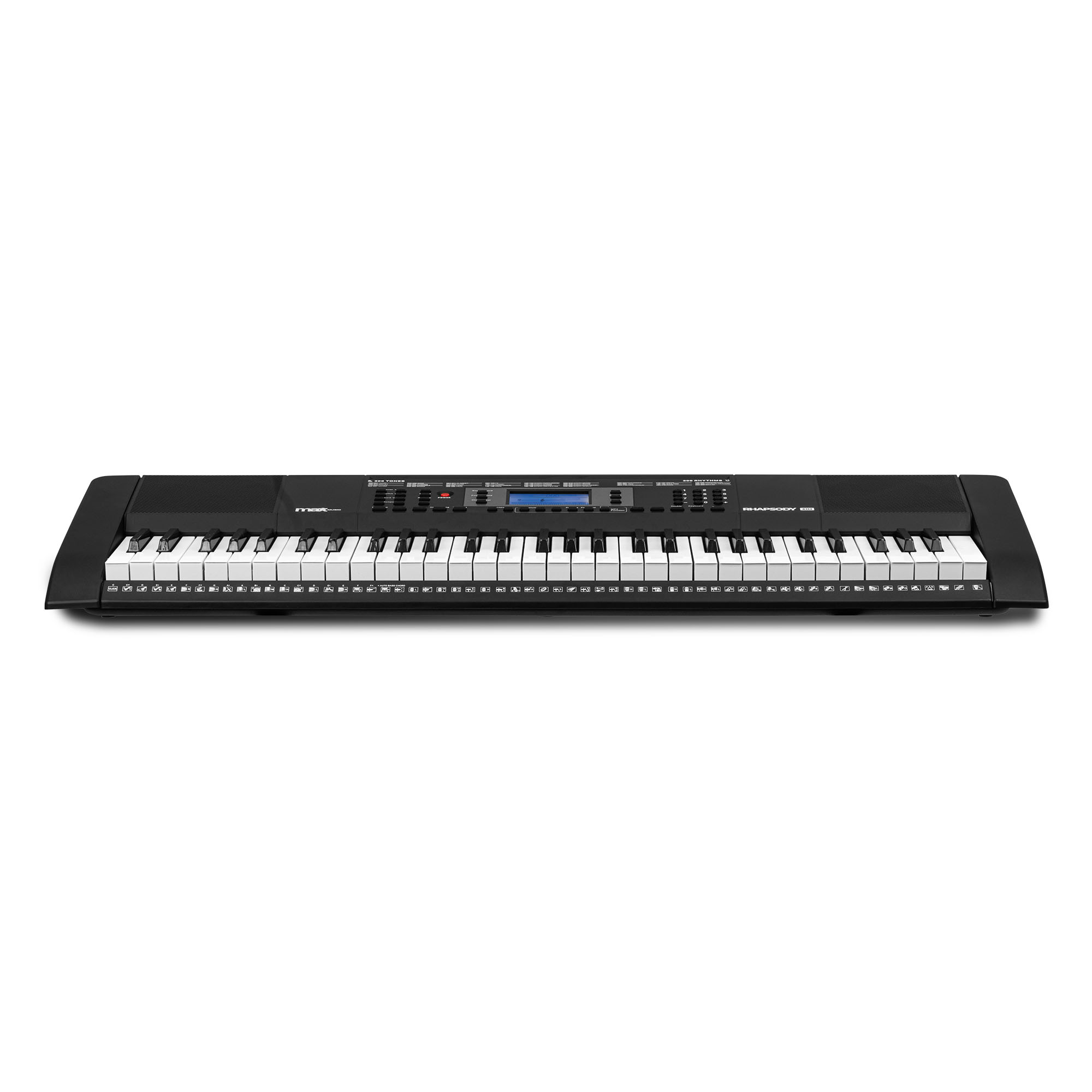 Schwarze Tastatur. Sie hat weiße Tasten, ein blaues Display und eine Vielzahl von Knöpfen und Schiebereglern.