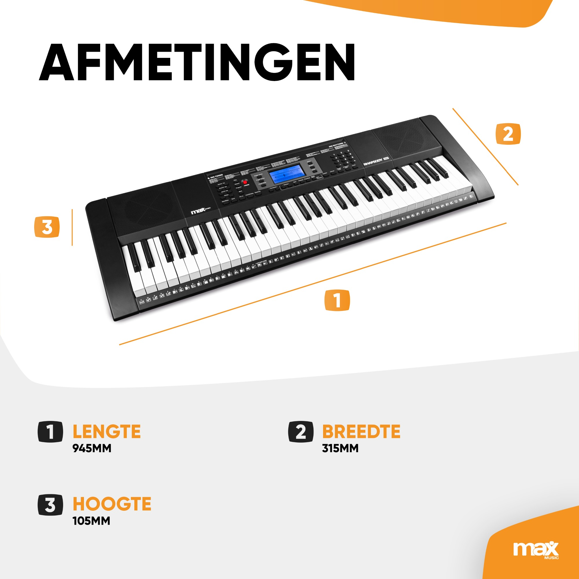 Schwarze Piano-Tastatur mit weißen Tasten, beschrifteten Maßen und einem Max Music-Logo.