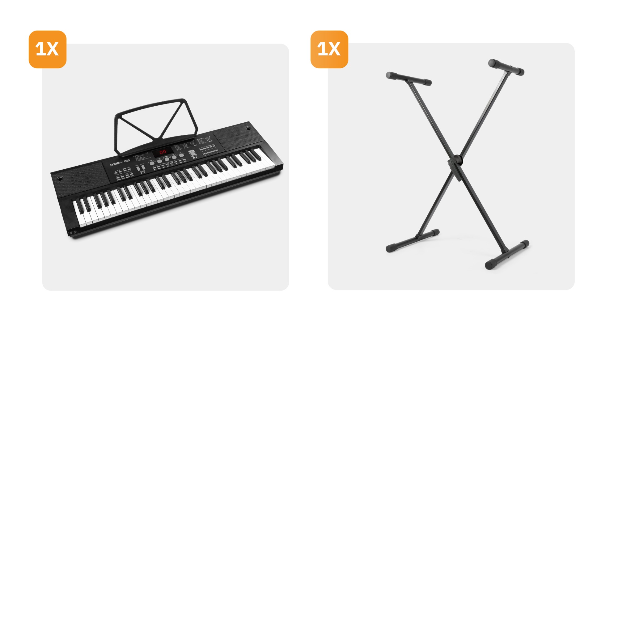 Twee afbeeldingen: een keyboard en een standaard. Het keyboard is zwart, de standaard is een X-vormig metalen frame.