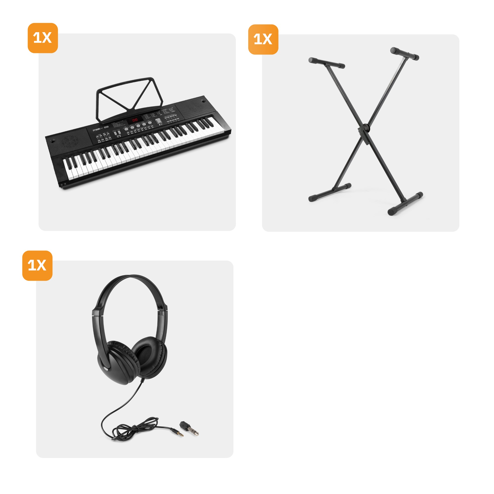 Een klein elektronisch keyboard met een standaard en een zwarte koptelefoon.
