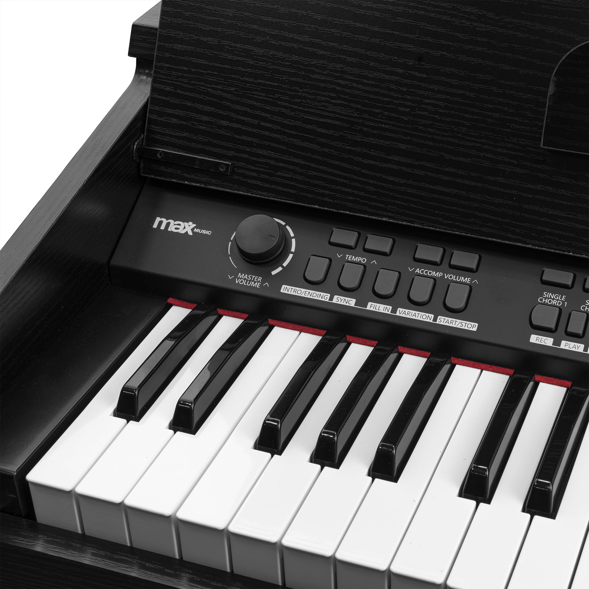 Schwarze Klaviertastatur mit weißen Tasten und roten Akzenten, mit Bedienfeld, Nahaufnahme.