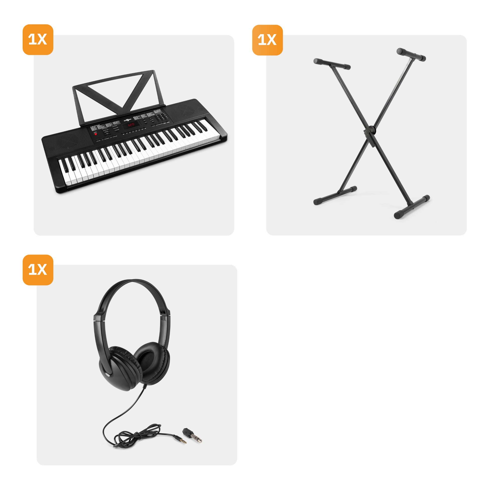 Een keyboard, een standaard voor het keyboard en een koptelefoon op een witte achtergrond.