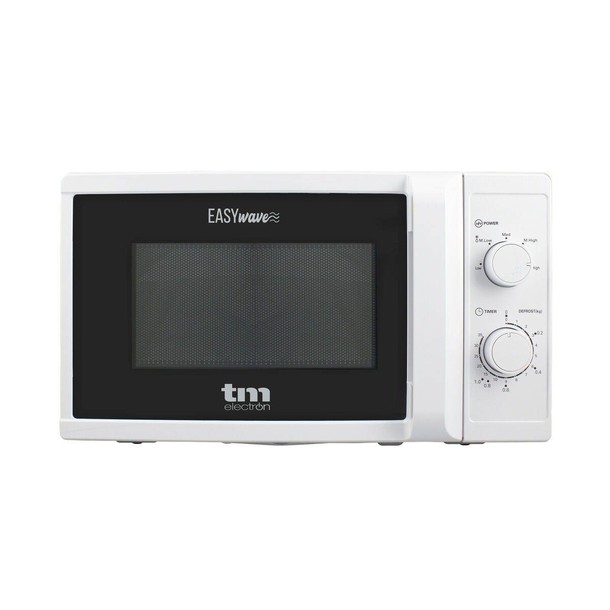Horno microondas blanco con puerta negra y panel de control a la derecha.