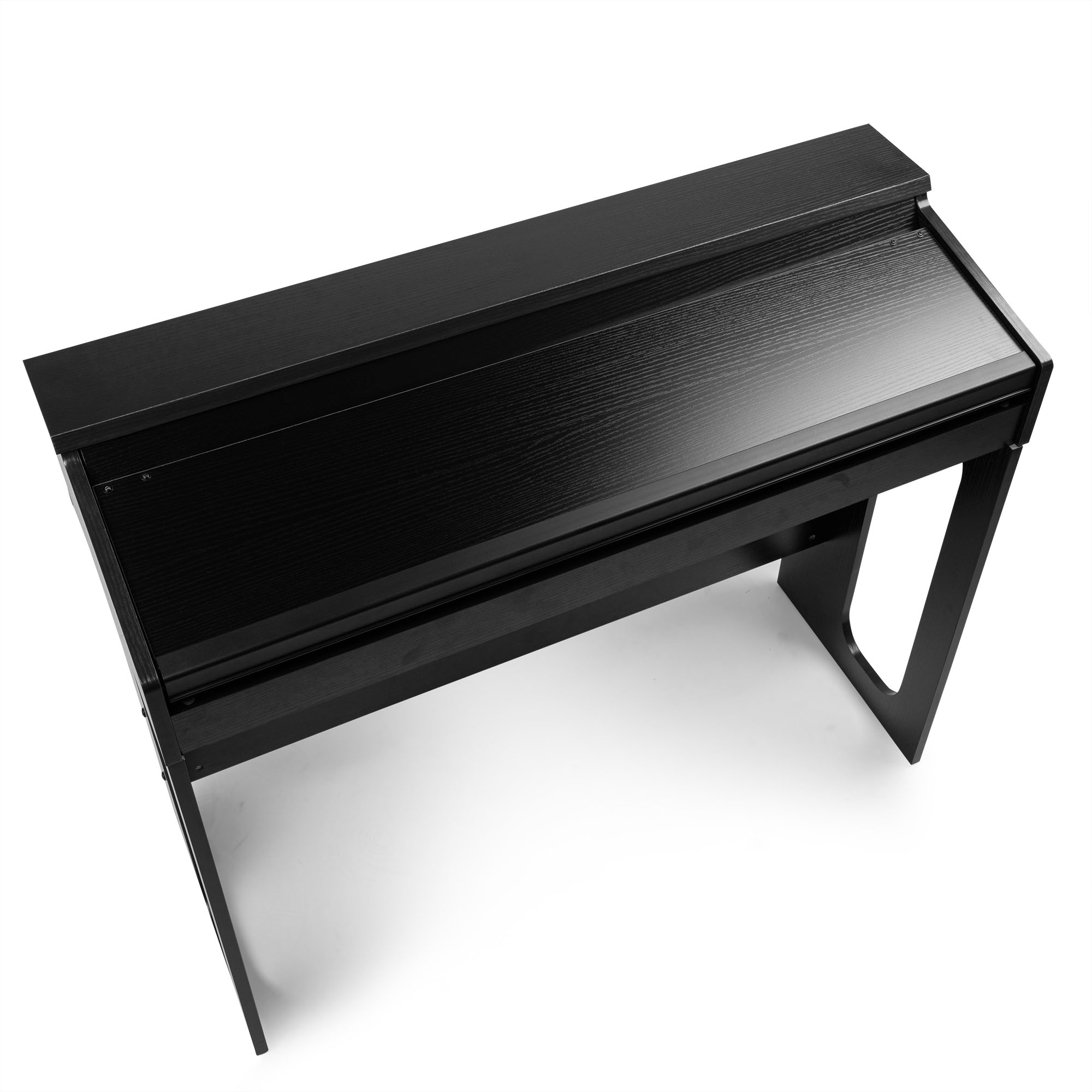 Ein schwarzes Klavier mit Beinen auf weißem Hintergrund.
