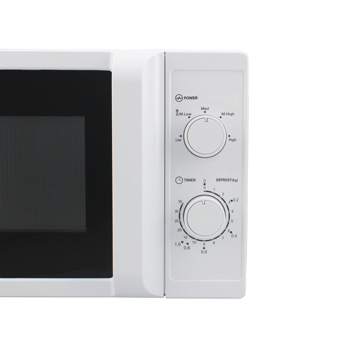 Primer plano del panel de control de un microondas blanco con diales y botones.