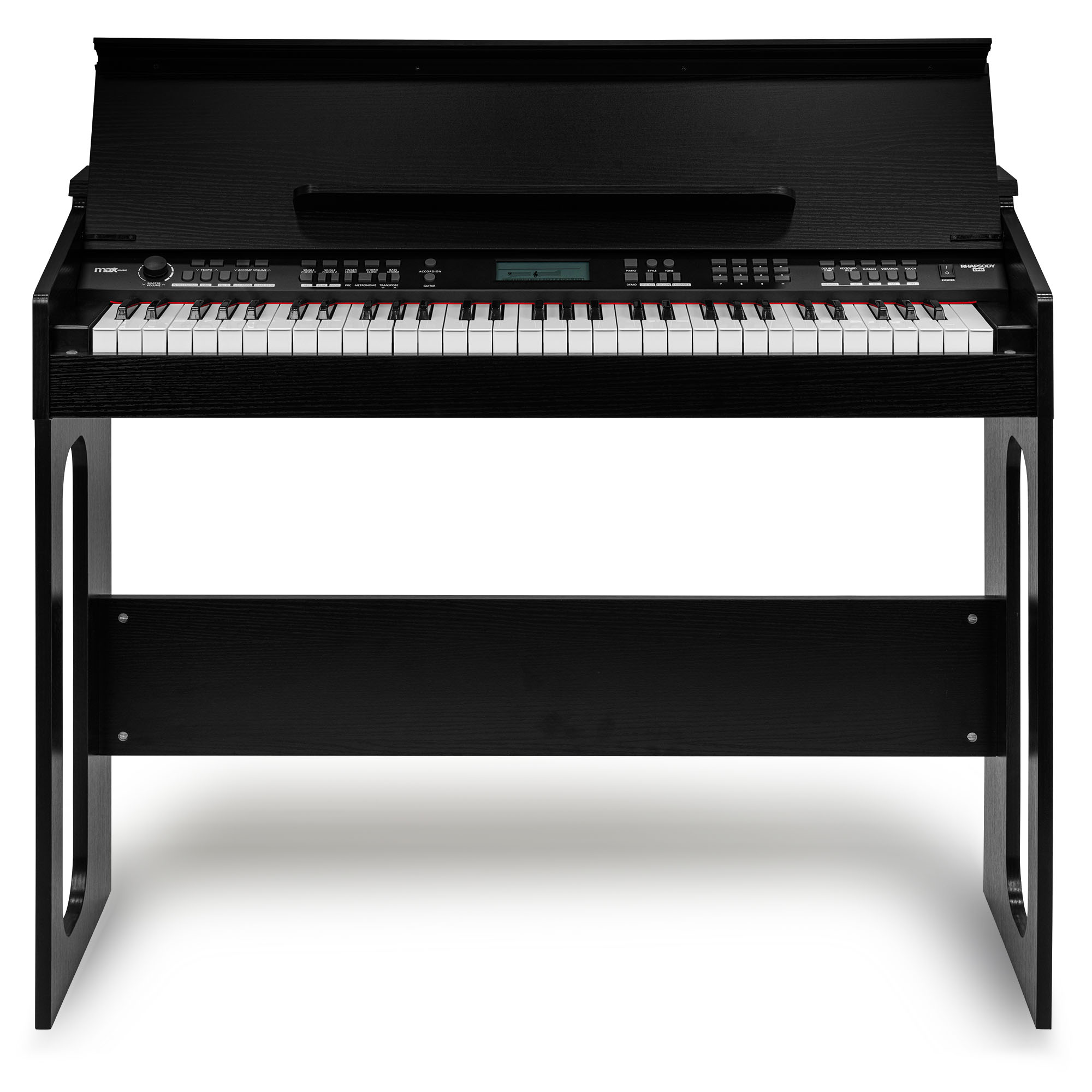 Schwarzes Digitalpiano mit weißen Tasten und Notenständer. Schwarzer Holzrahmen. Weißer Hintergrund.