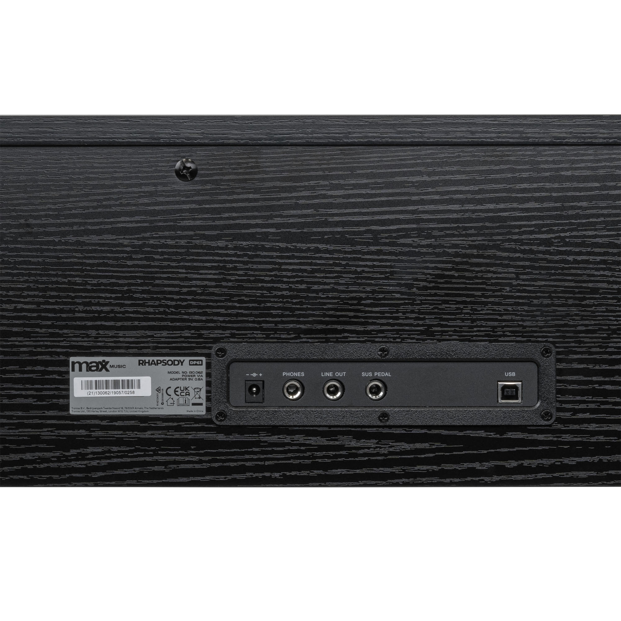Rückseite eines Klaviers mit Anschlüssen und Beschriftungen für Telefone, Line-Out, Sustain-Pedal und USB.