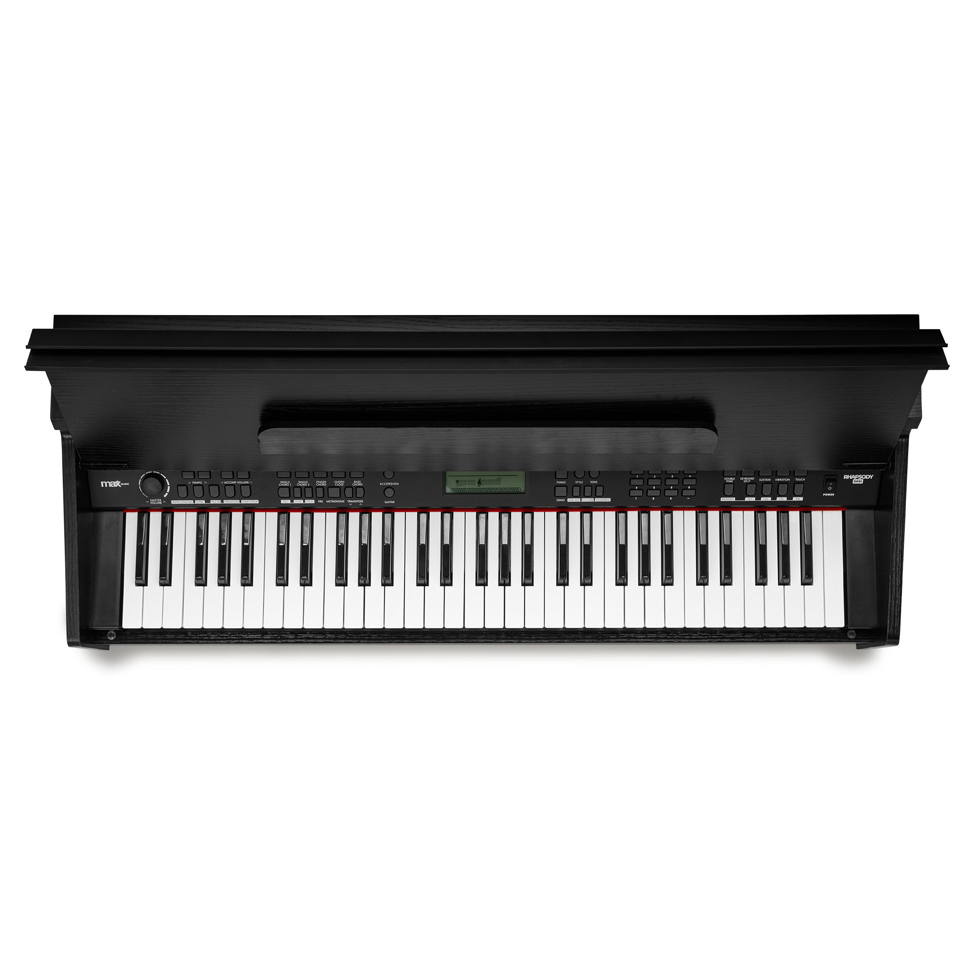 Schwarzes Digitalpiano, Draufsicht, auf weißem Hintergrund.