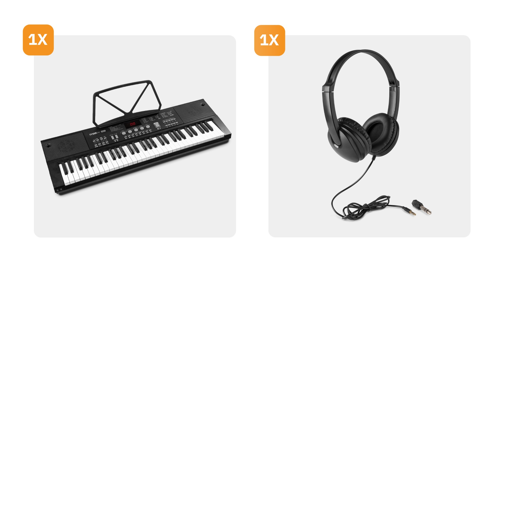 Un teclado y auriculares están sobre una superficie blanca. Ambos son de color negro.