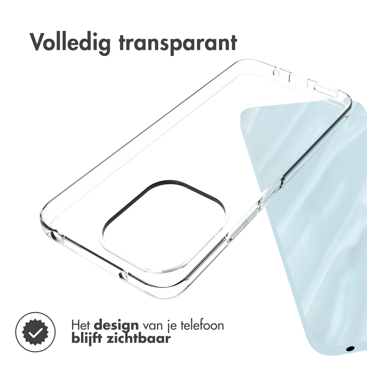 Custodia trasparente per telefono su un telefono blu. Il testo dice che il design del telefono rimane visibile.