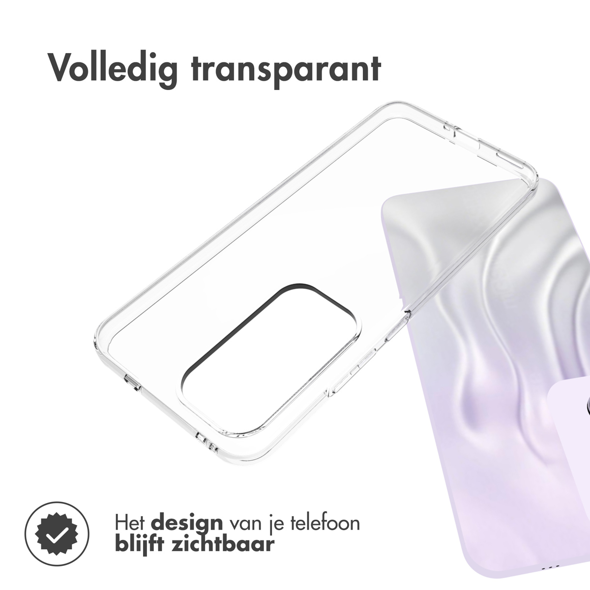 Custodia trasparente per telefono. Il testo dice 'Volledig transparant' e 'Het design van je telefoon blijft zichtbaar'.