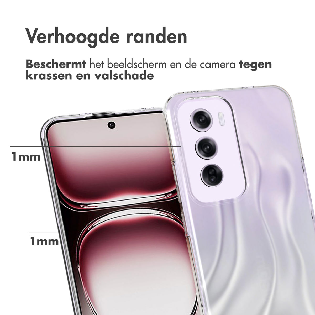 Custodia per smartphone con bordi rialzati che proteggono schermo e fotocamera dai graffi, vista ravvicinata.