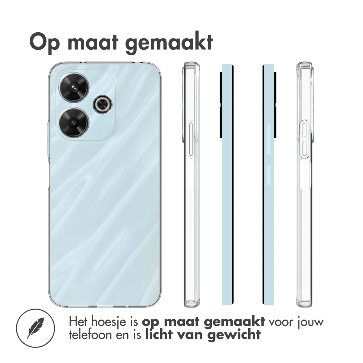 Telefoonhoesje met lichtblauw marmerontwerp. Nederlandse tekst: 'Op maat gemaakt' en een veerpictogram.