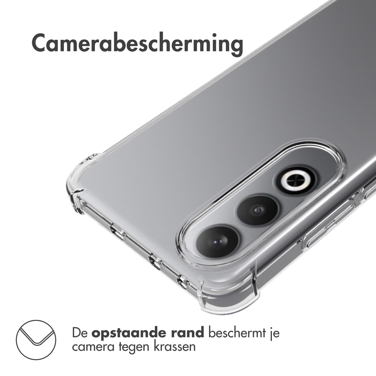 Telefoonhoesje, helder en transparant. Tekst zegt 'Camerabescherming'. Close-up van het camera gebied.