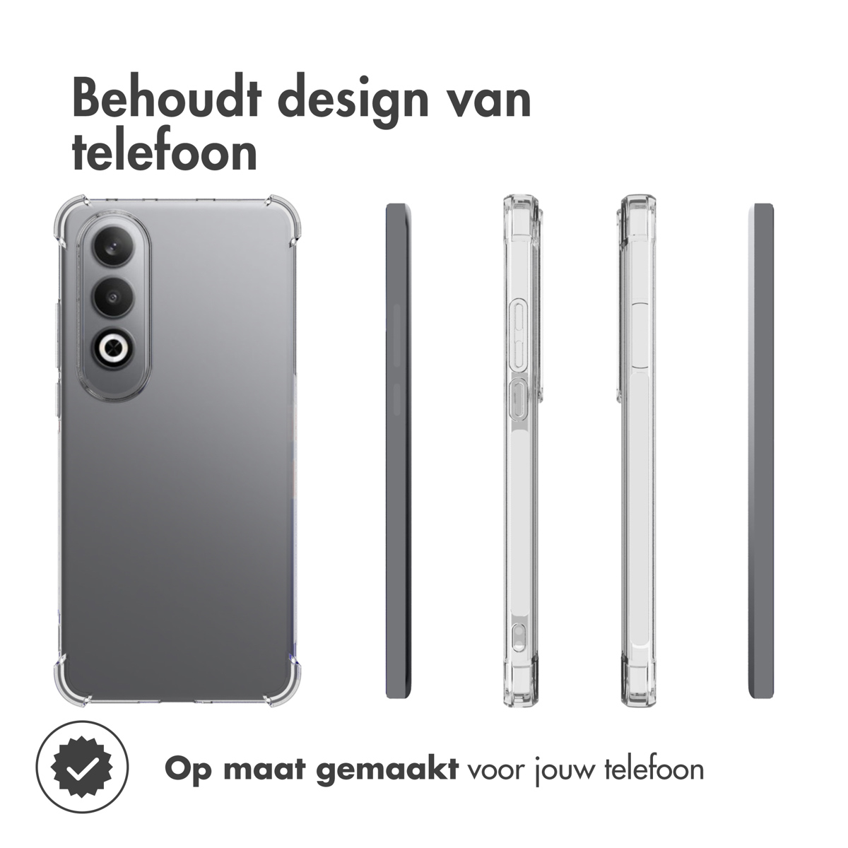 Transparante telefoonhoes met een telefoon. De tekst zegt: Behoudt het ontwerp van de telefoon. Op maat gemaakt voor uw telefoon.