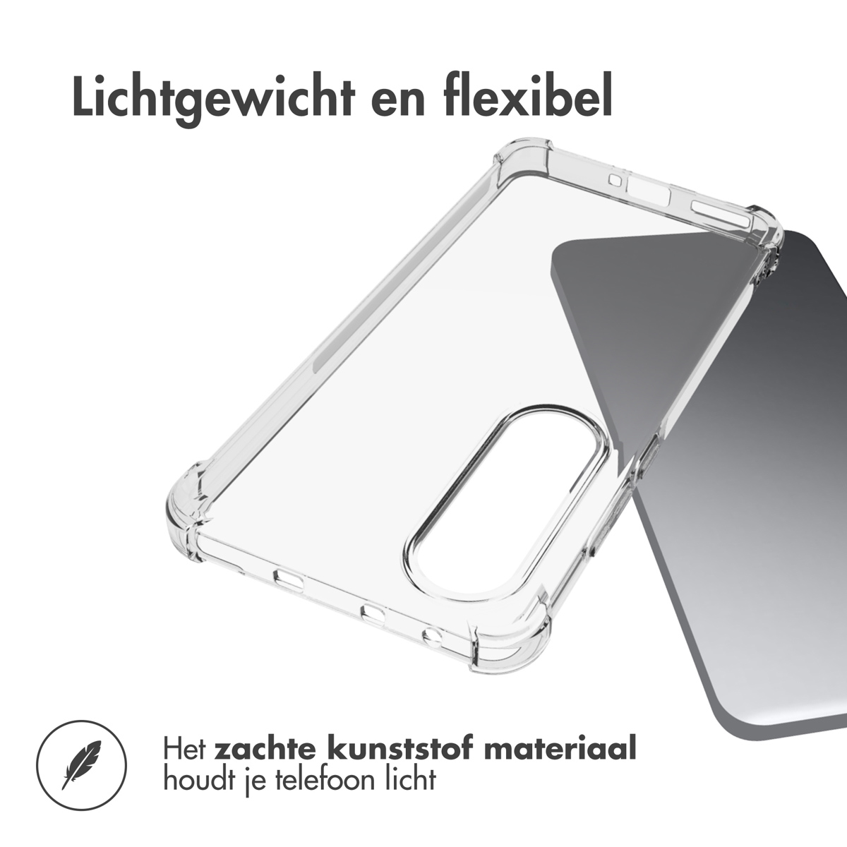 Transparante telefoonhoes, flexibel en lichtgewicht. Tekst in het Nederlands zichtbaar.