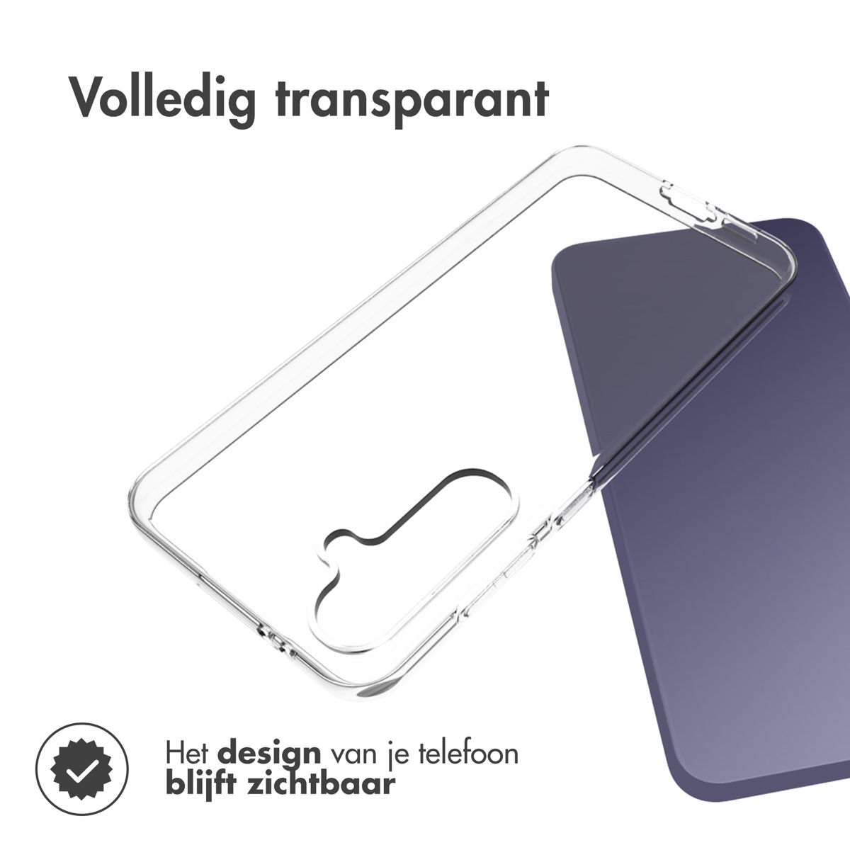 Custodia trasparente per telefono su un telefono viola. Il testo dice "Completamente trasparente" e "Il design rimane visibile".