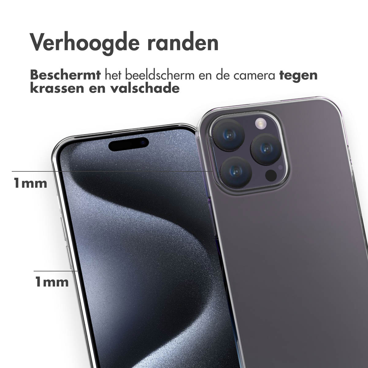 Écran et dos du téléphone avec texte, montrant une protection de 1mm.