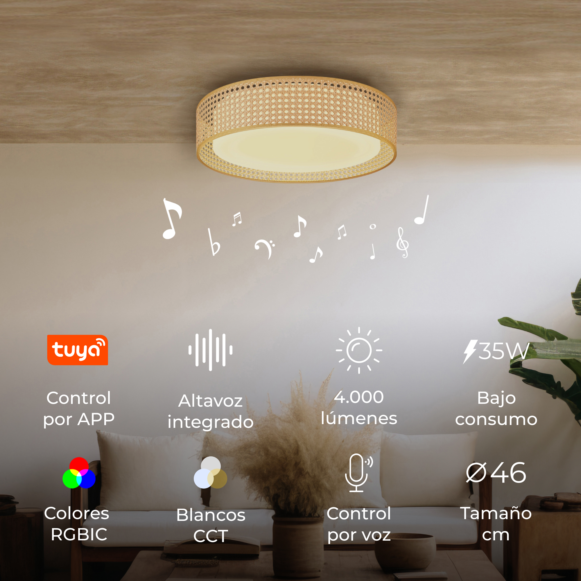 Lampa sufitowa z nutami. Ma wzór z rattanu i znajduje się w pobliżu innych przedmiotów dekoracyjnych.