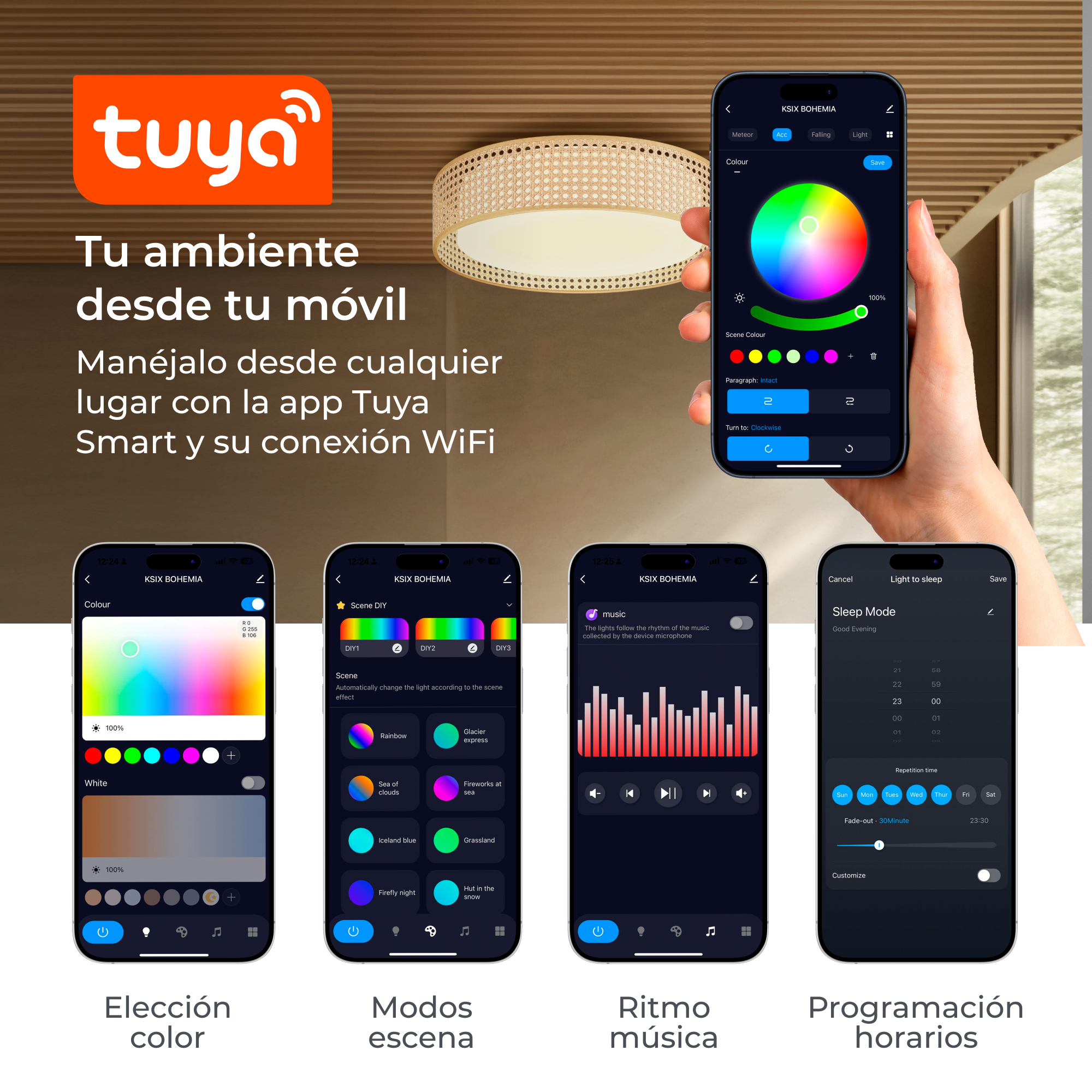 Ekrany smartfonów pokazują interfejs aplikacji smart home z opcjami koloru, sceny, muzyki i harmonogramu.