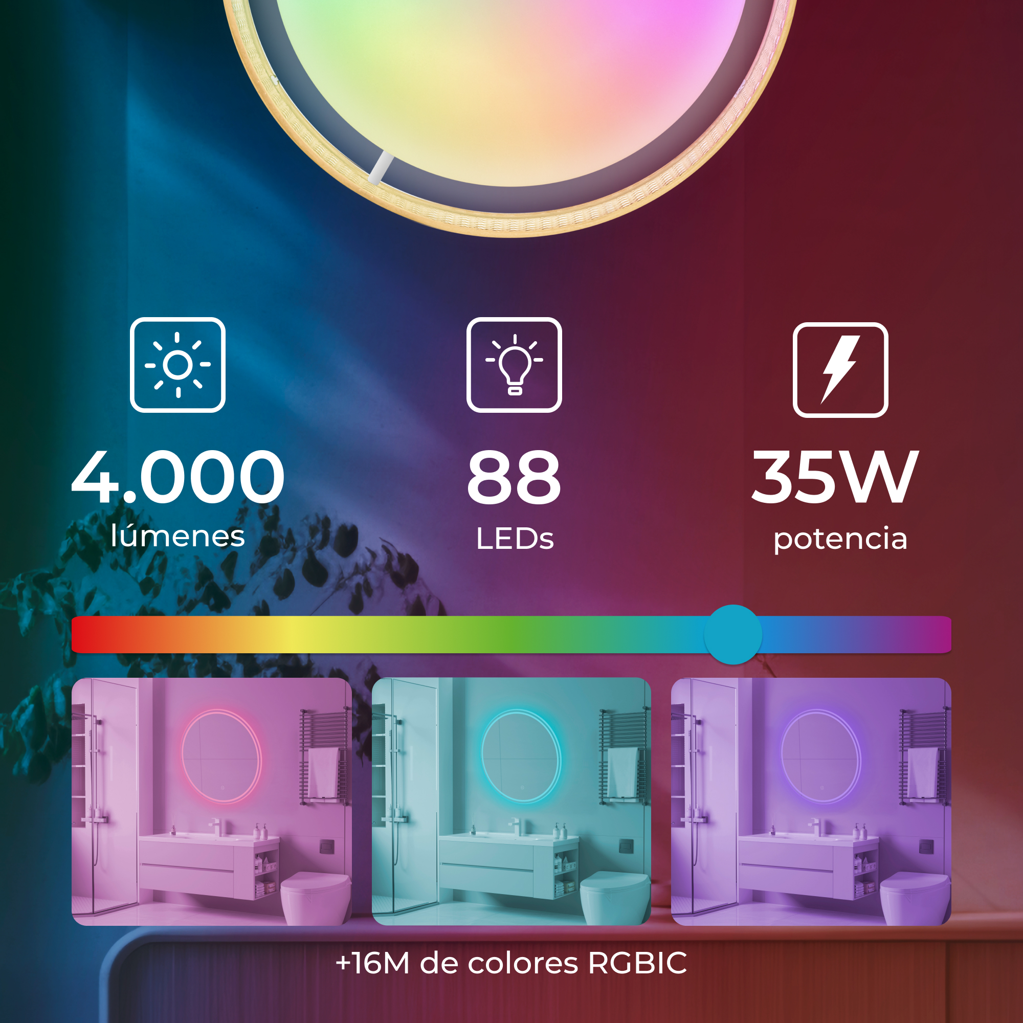 Okrągła inteligentna lampa sufitowa. Posiada wiele opcji oświetlenia. Tekst pokazuje: 4000 lumenów, 88 diod LED.